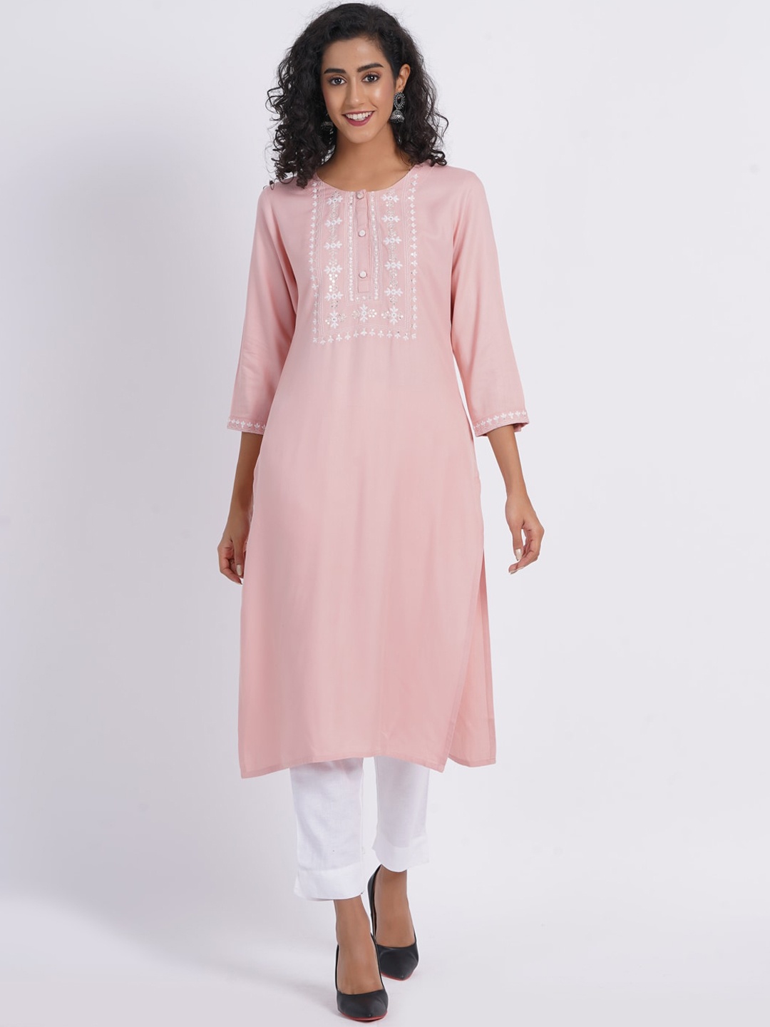 

SUTI Ethnic Motifs Embroidered Yoke Sequined Pastels Straight Kurta, Pink