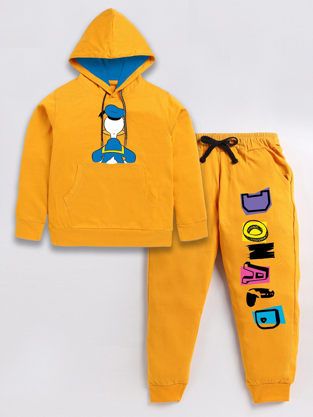 

SmartRAHO Boys Donald Duck Printed Hooded Pure Cotton T-shirt With Trousers, Yellow