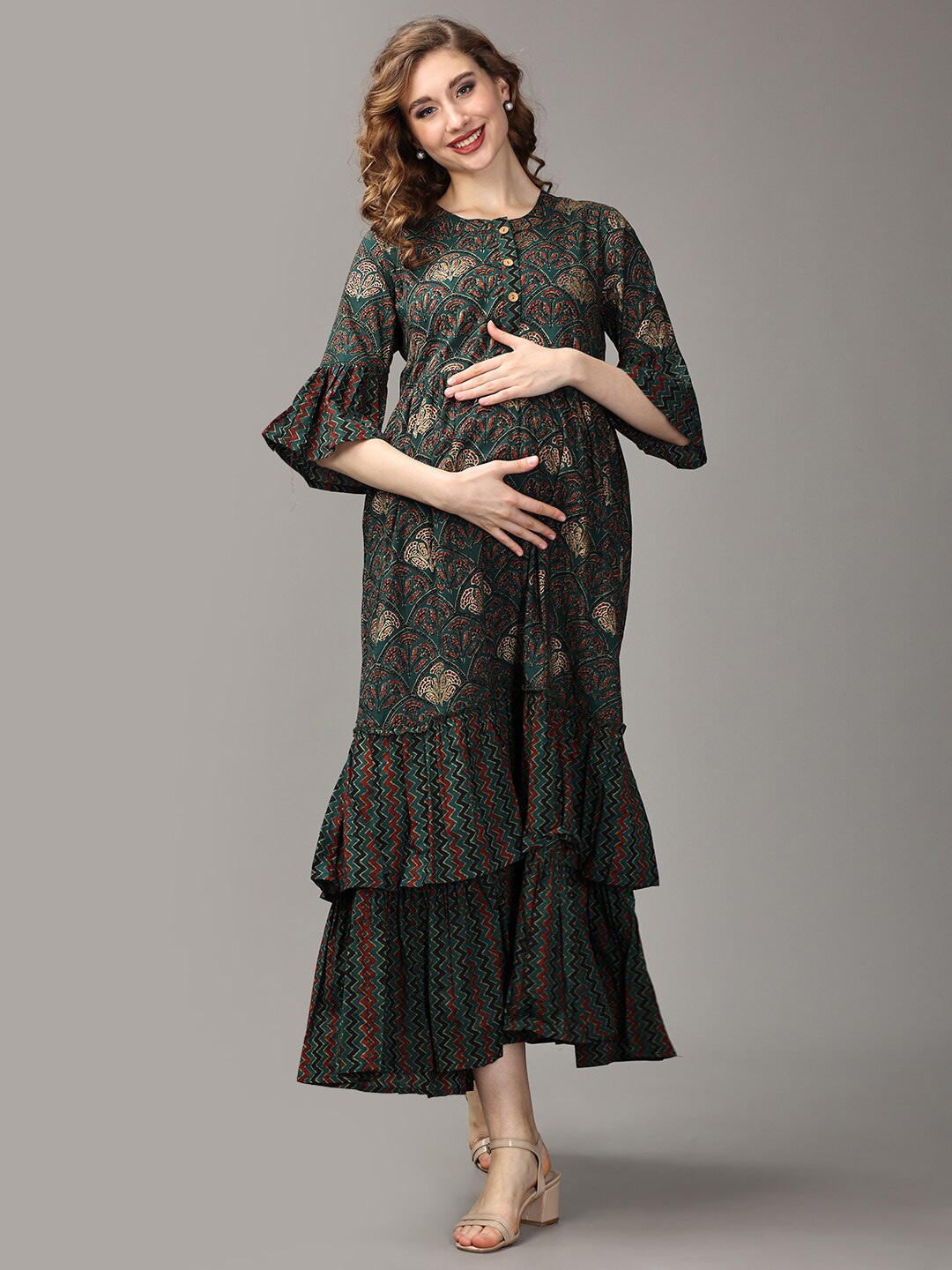 

The Mom Store Maternity and Nursing Ethnic Motifs Printed Bell Sleeve Cotton Maxi Dress, Green