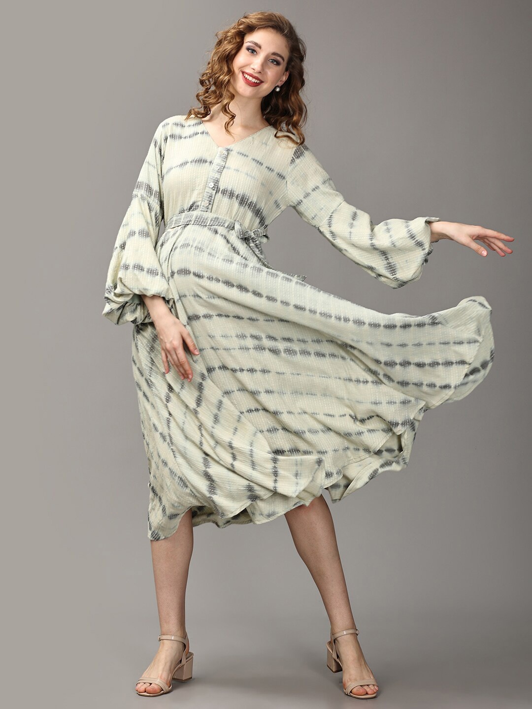 

The Mom Store Maternity and Nursing Tie& Dye Bell Sleeve A-Line Midi Dress, Grey