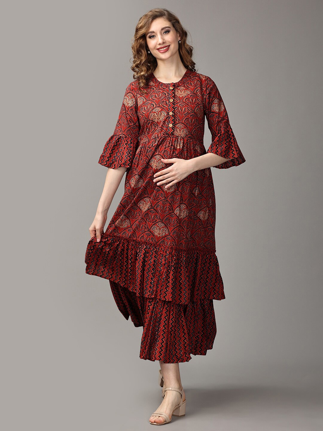 

The Mom Store Floral Printed Cotton Bell Sleeve A-Line Maternity Dress, Maroon