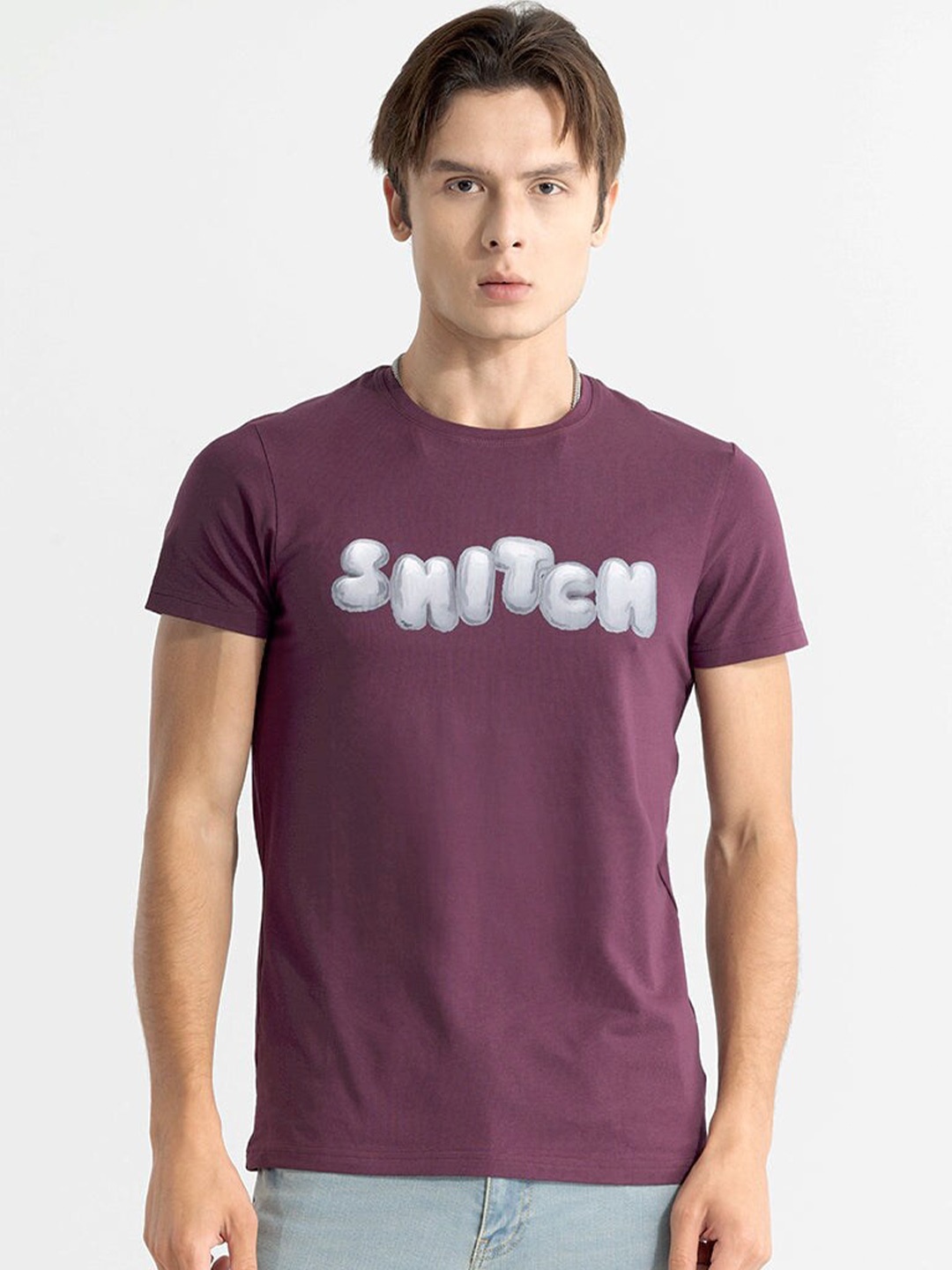 

Snitch Burgundy Typography Printed Cotton T-shirt