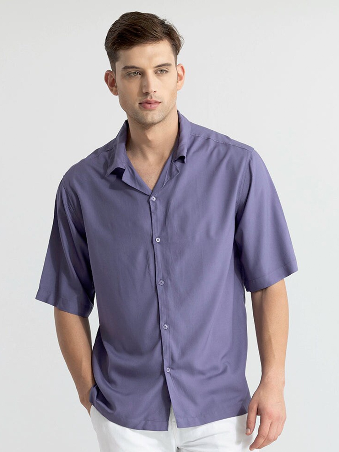 

Snitch Purple Classic Slim Fit Cuban Collar Casual Shirt