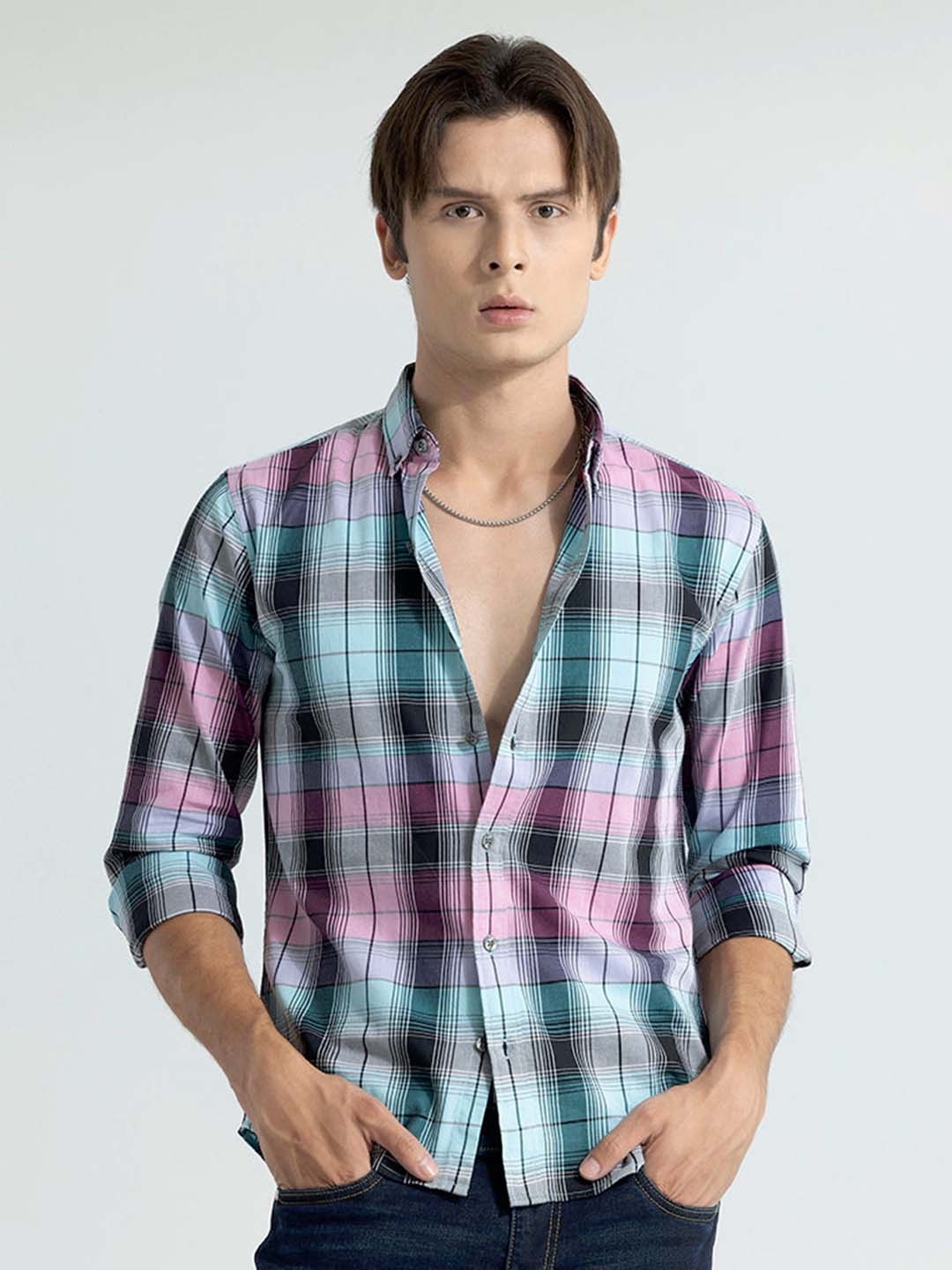 

Snitch Pink Classic Slim Fit Tartan Checked Cotton Casual Shirt