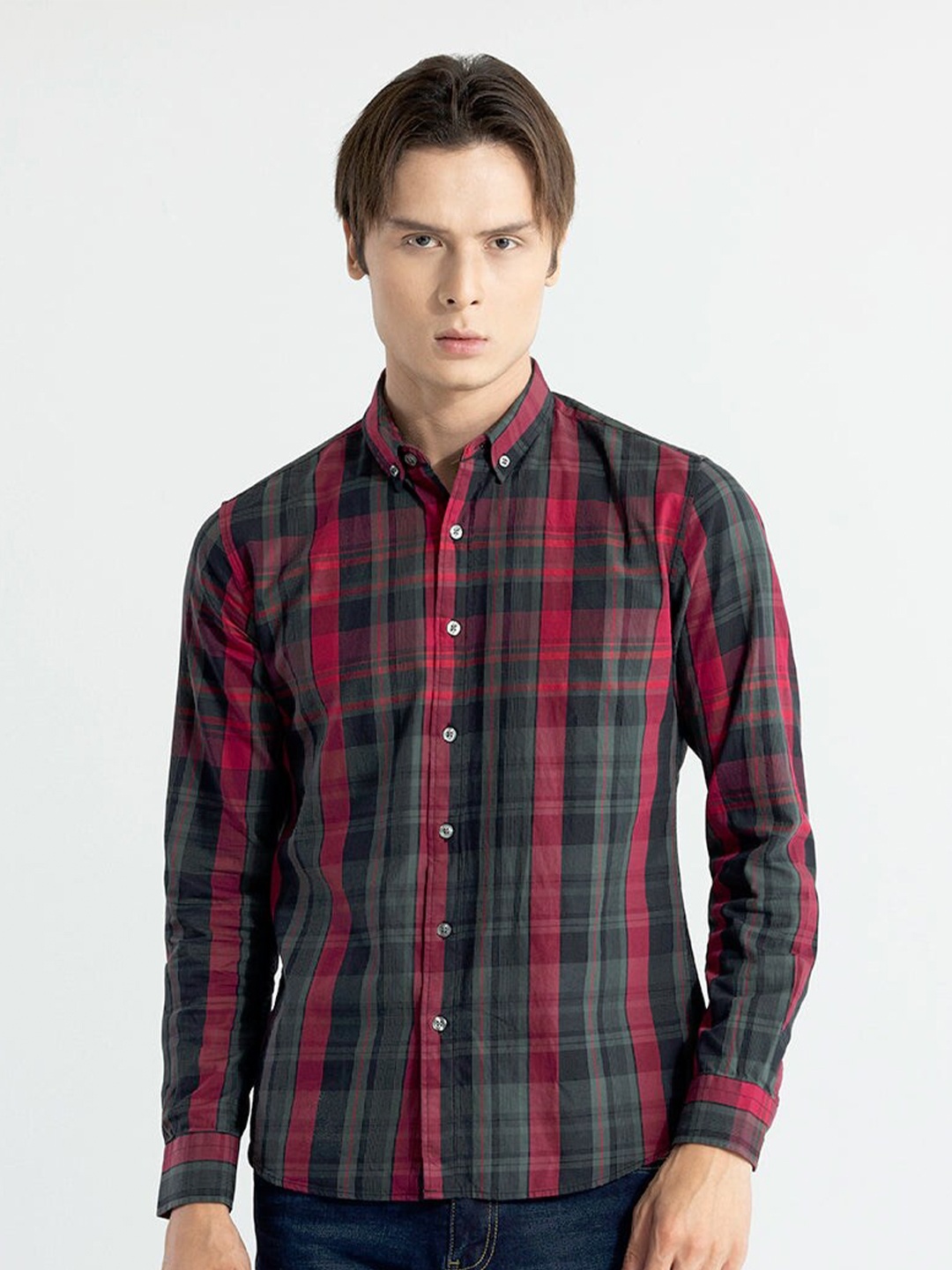 

Snitch Green Classic Slim Fit Tartan Checked Cotton Casual Shirt