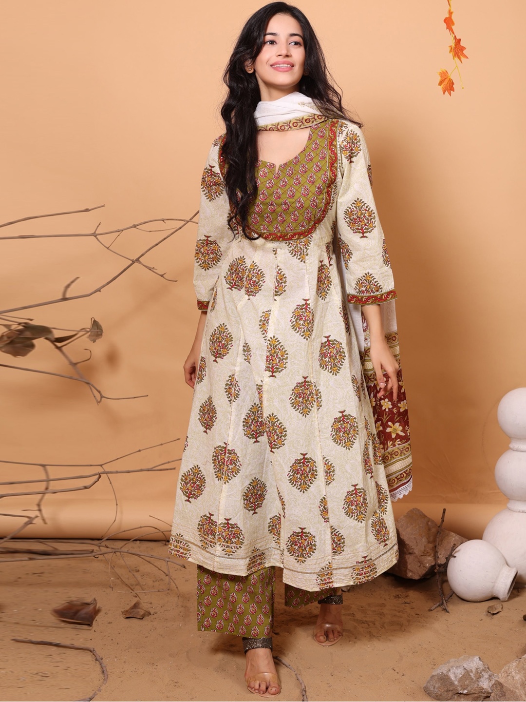 

R RANAK CREATION Ethnic Printed Anarkali Cotton Gotta Patti Kurta With Palazzos & Dupatta, White