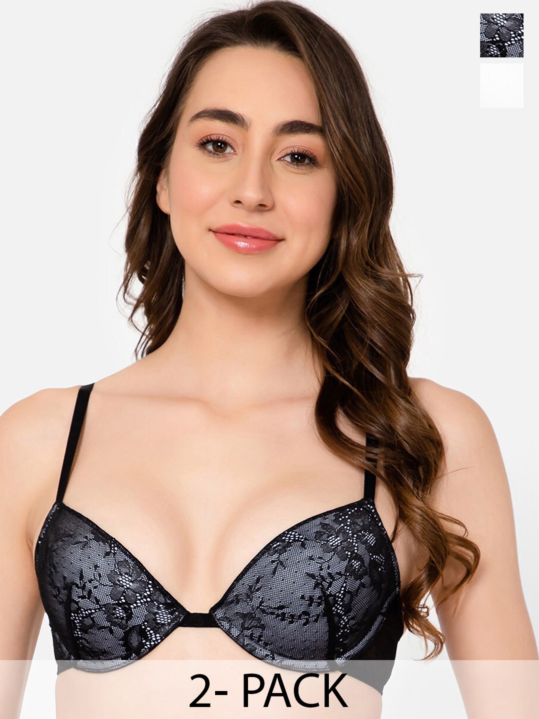 

Clovia Pack of 2 Floral Printed Medium Coverage Bra, Black