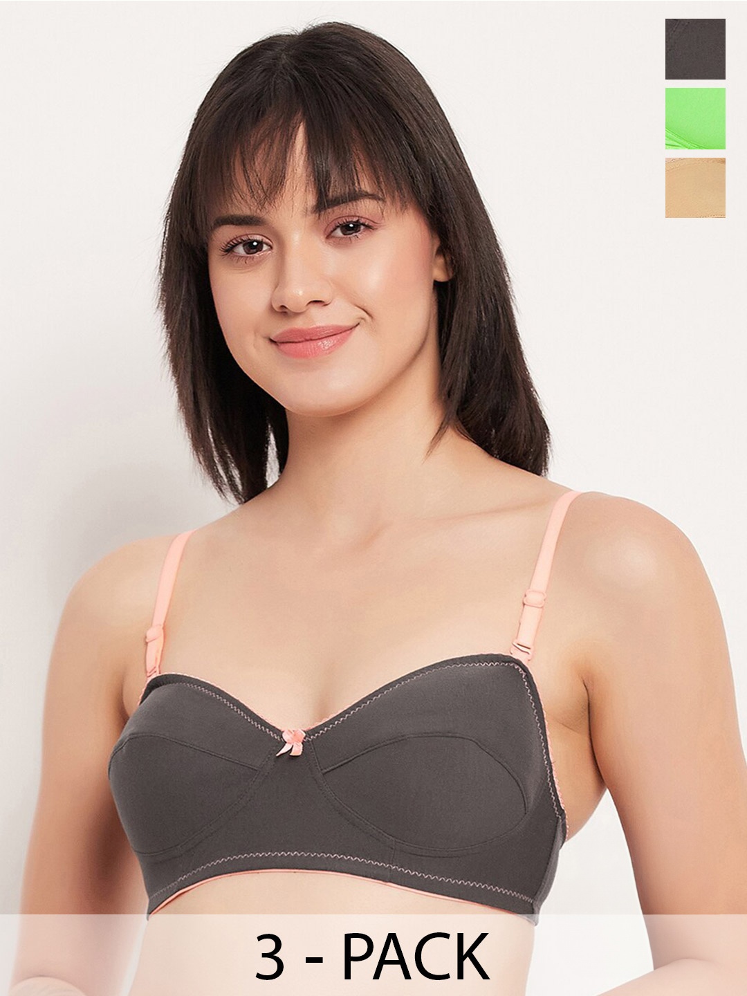 

Clovia Pack of 3 Full Coverage Non-Padded Cotton Everyday Bra With All Day Comfort, Grey