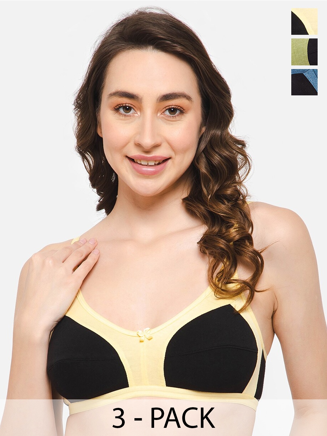 

Clovia Yellow Pack of 3 Colourblocked Full Coverage Everyday Bra With All Day Comfort, Blue