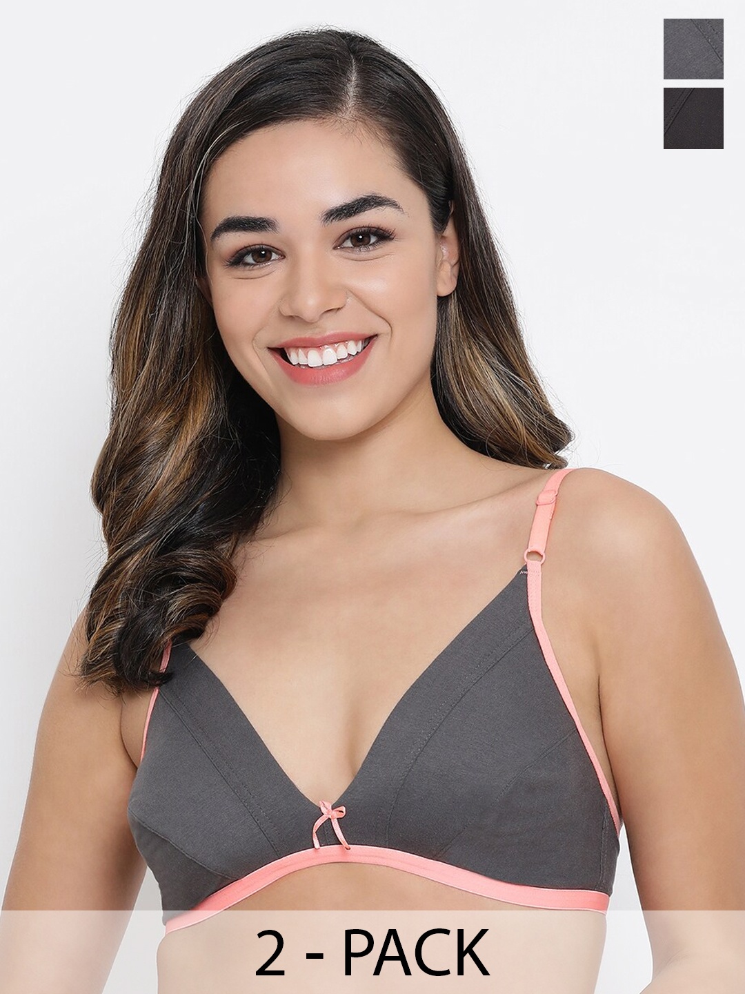 

Clovia Pack of 2 Medium Coverage Non-Padded Cotton Plunge Bra With All Day Comfort, Grey