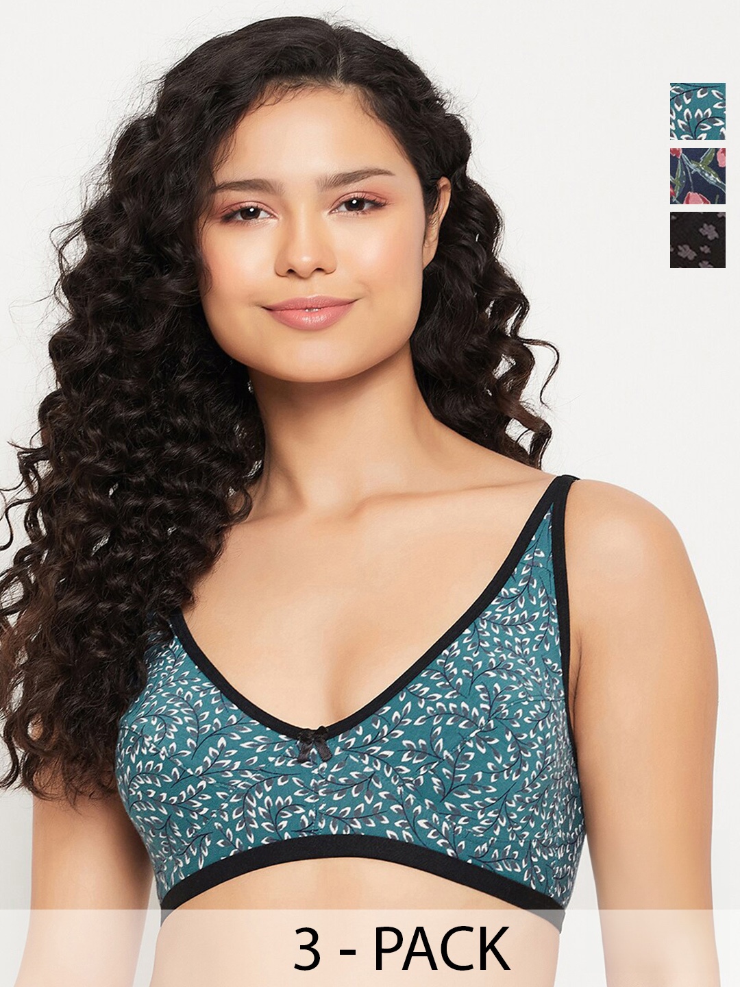 

Clovia Blue Pack of 3 Floral Pinted Medium Coverage Everyday Bra With All Day Comfort