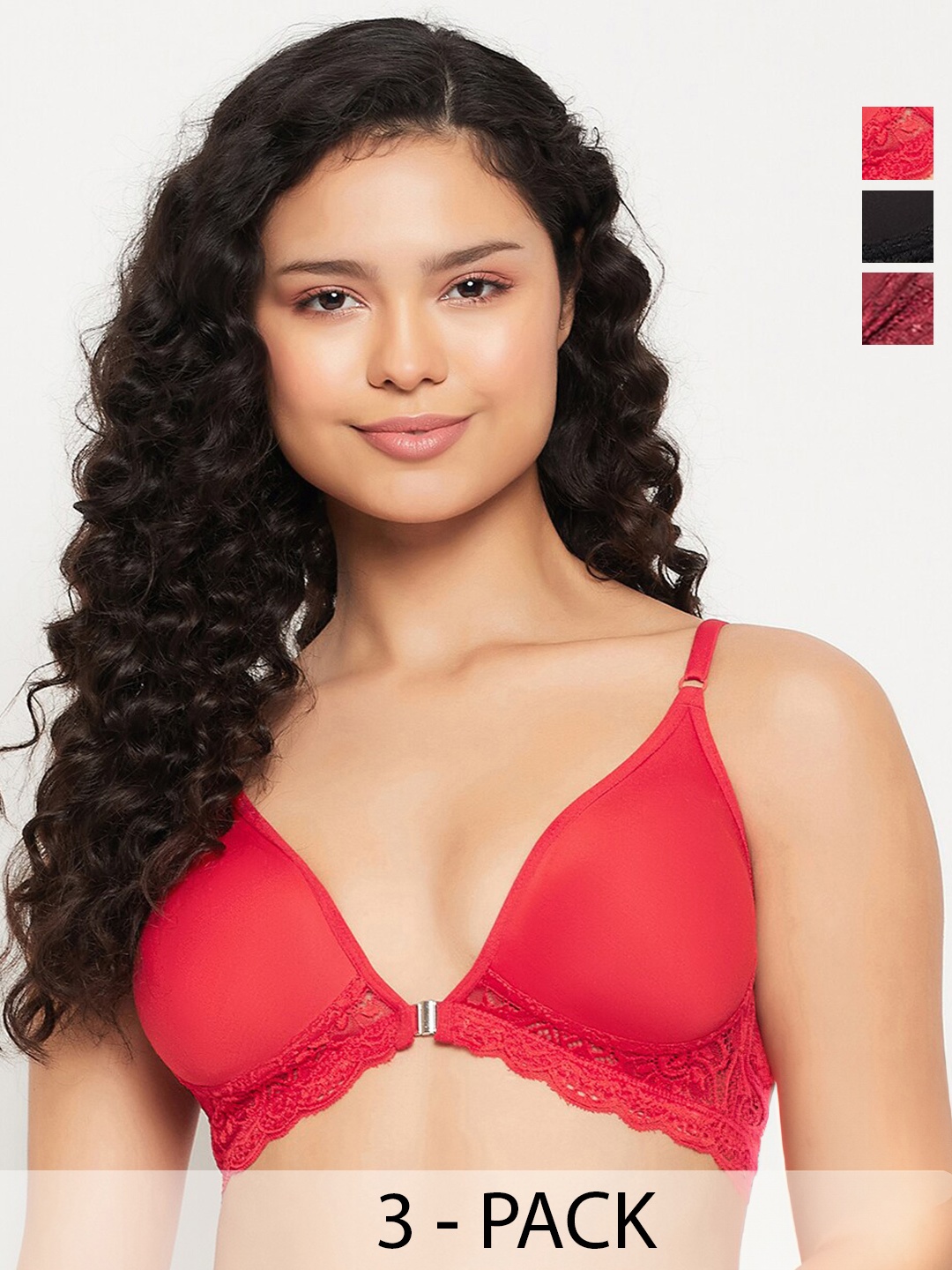 

Clovia Pack of 3 Medium Coverage Non-Padded Cotton Plunge Bra With All Day Comfort, Red
