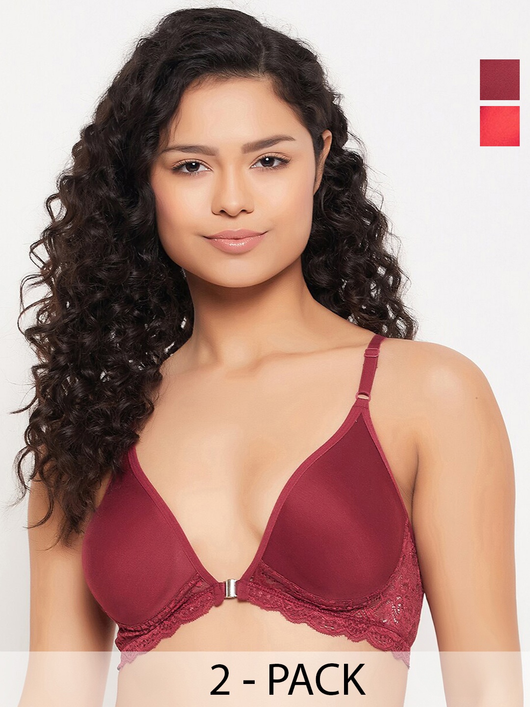 

Clovia Maroon Pack of 2 Medium Coverage Cotton Plunge Bra With All Day Comfort, Red