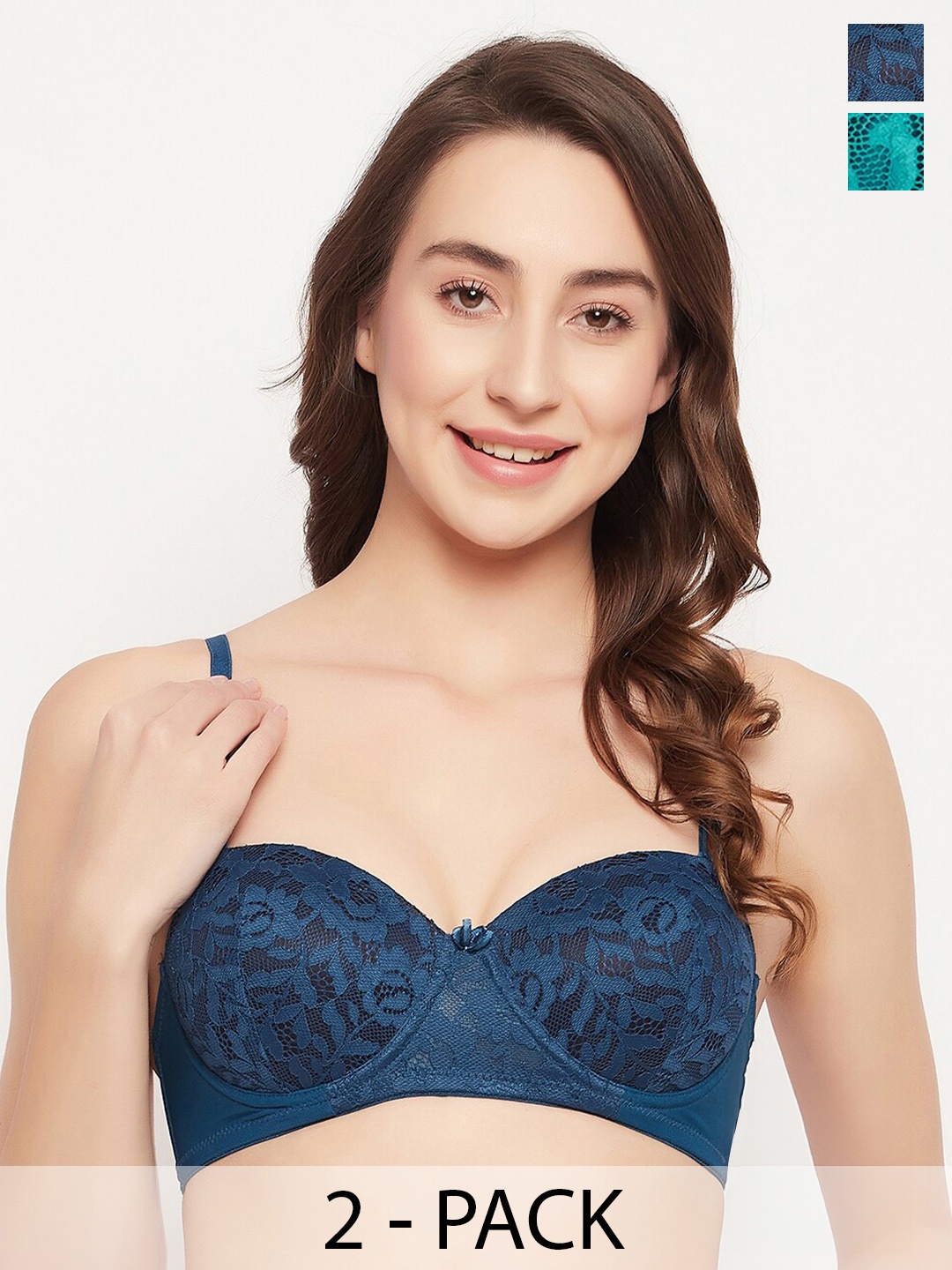 

Clovia Pack Of 2 Floral Lace Full Coverage Underwired Lightly Padded Bra, Blue