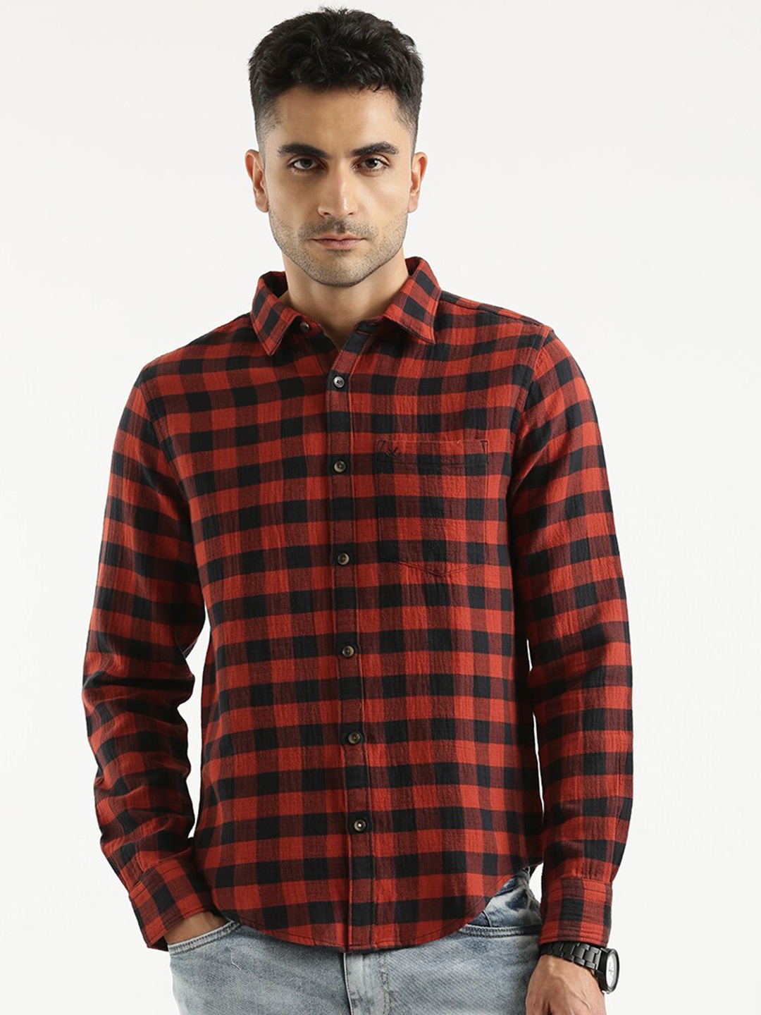 

WROGN Standard Slim Fit Opaque Checked Cotton Casual Shirt, Rust