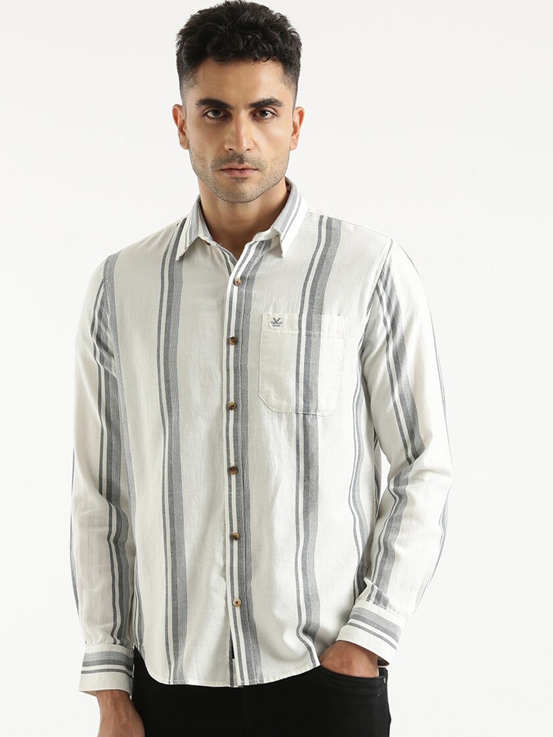 

WROGN Standard Slim Fit Opaque Striped Cotton Casual Shirt, White