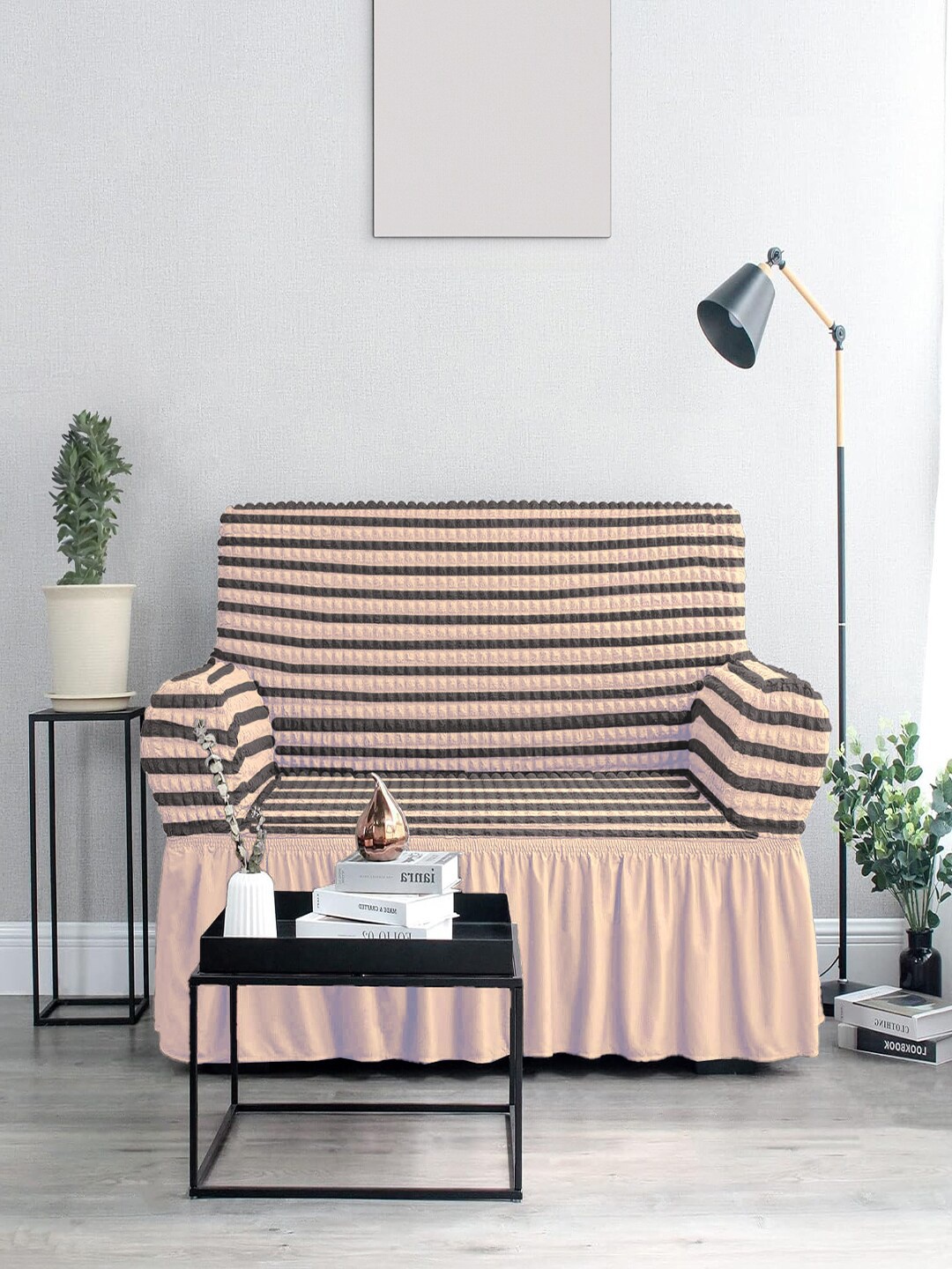 Cortina Beige & Brown Three Seater Sofa Cover With Skirt
