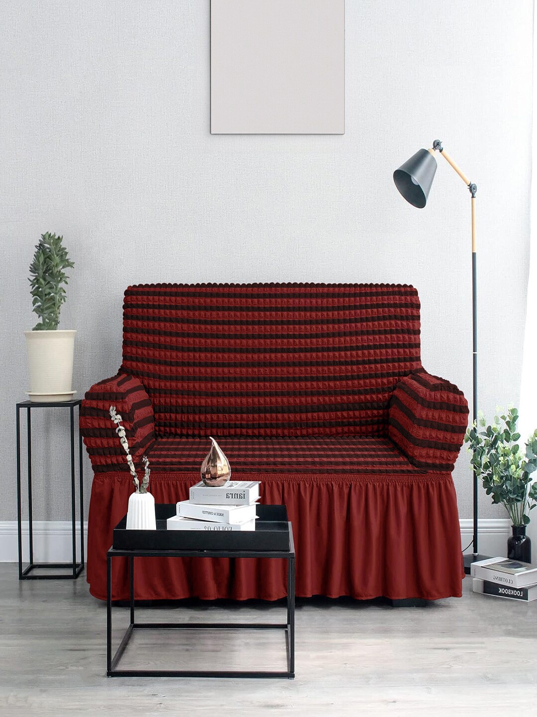 

Cortina Maroon Striped Two Seater Stretchable Sofa Cover With Skirt