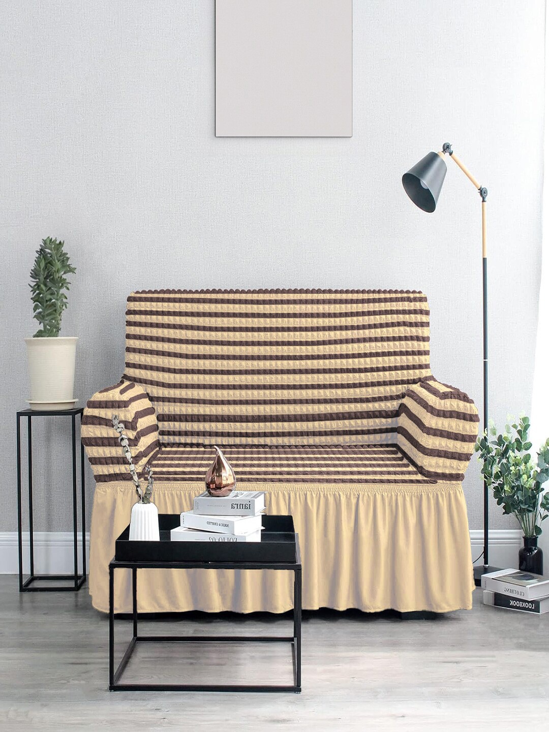 

Cortina Beige & Cream-Coloured Striped Stretchable Two Seater Sofa Cover
