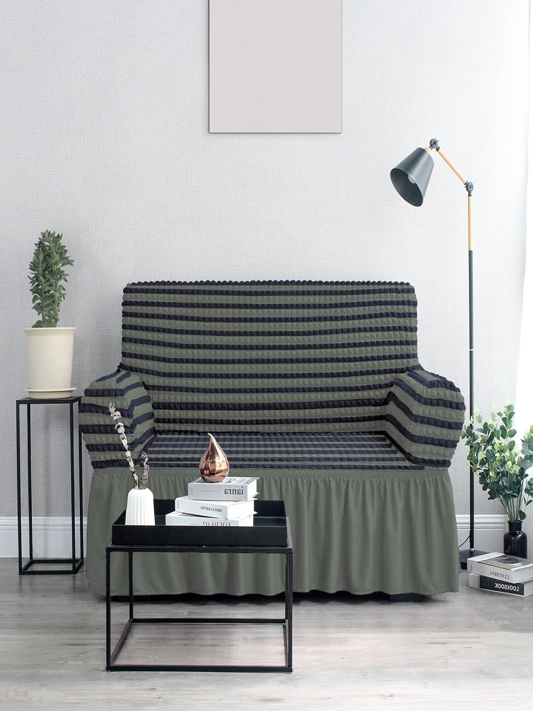 

Cortina Grey & Blue Striped 3-Seater Sofa Cover With Skirt