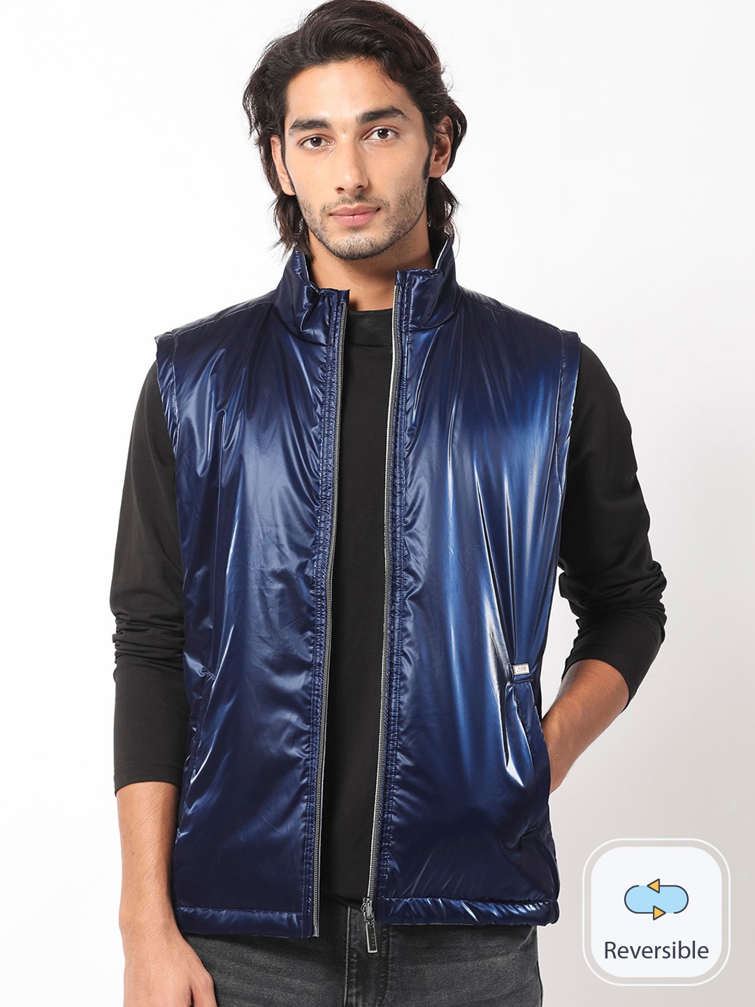 

RARE RABBIT Men Taxco Puffer Mock Collar Reversible Sporty Jacket, Navy blue