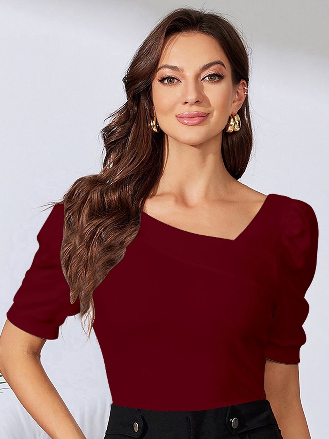 

Dream Beauty Fashion V-Neck Puff Sleeves Top, Maroon