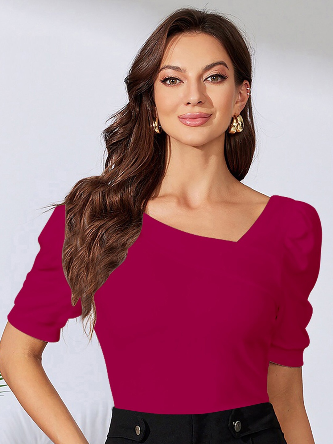 

Dream Beauty Fashion V-Neck Puff Sleeves Top, Pink