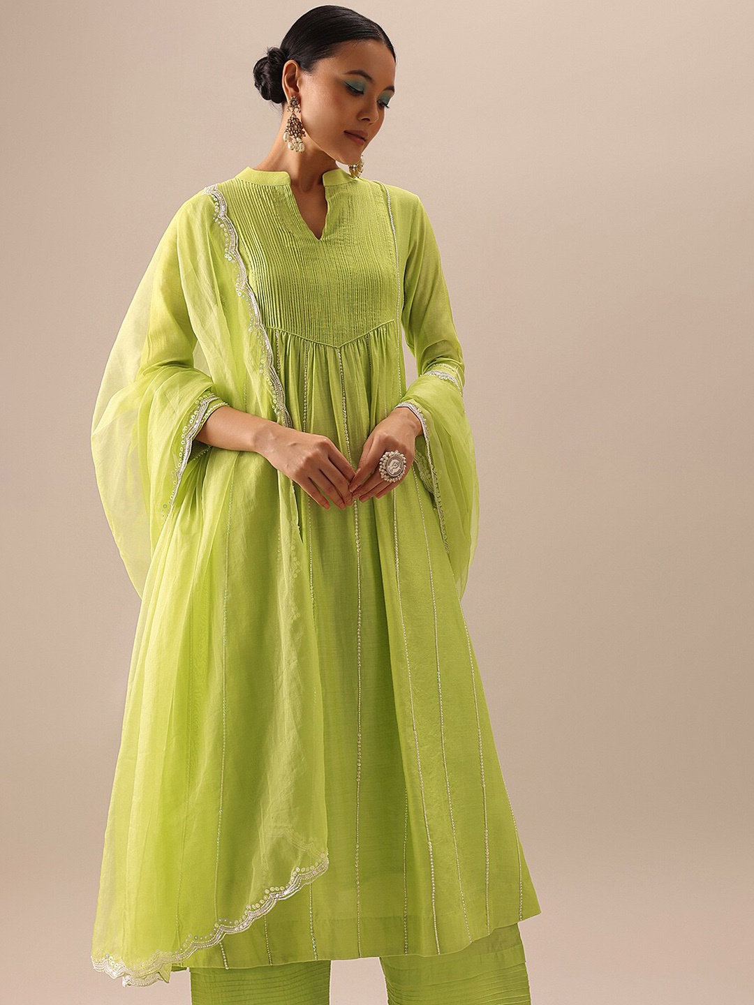 

KALKI Fashion Embellished Mandarin Collar Empire Anarkali Kurta With Trousers & Dupatta, Green