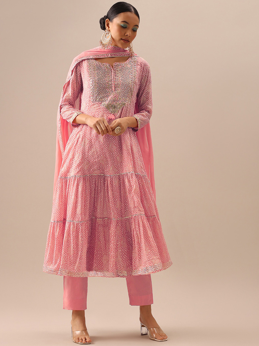 

KALKI Fashion Bandhani Embroidered Empire Anarkali Kurta With Trousers & Dupatta, Pink