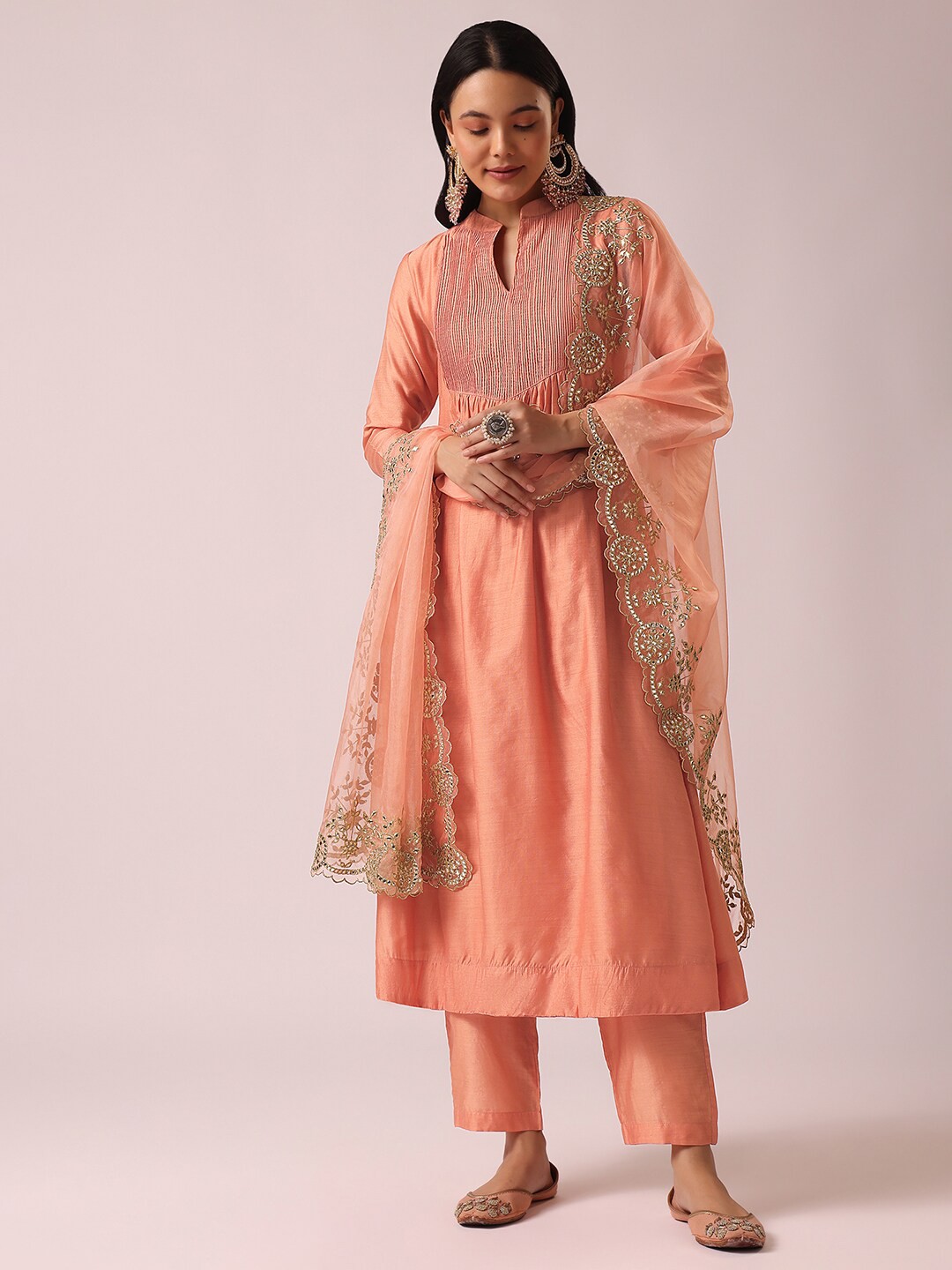 

KALKI Fashion Floral Yoke Design Regular Beads and Stones Kurta With Trousers & Dupatta, Peach