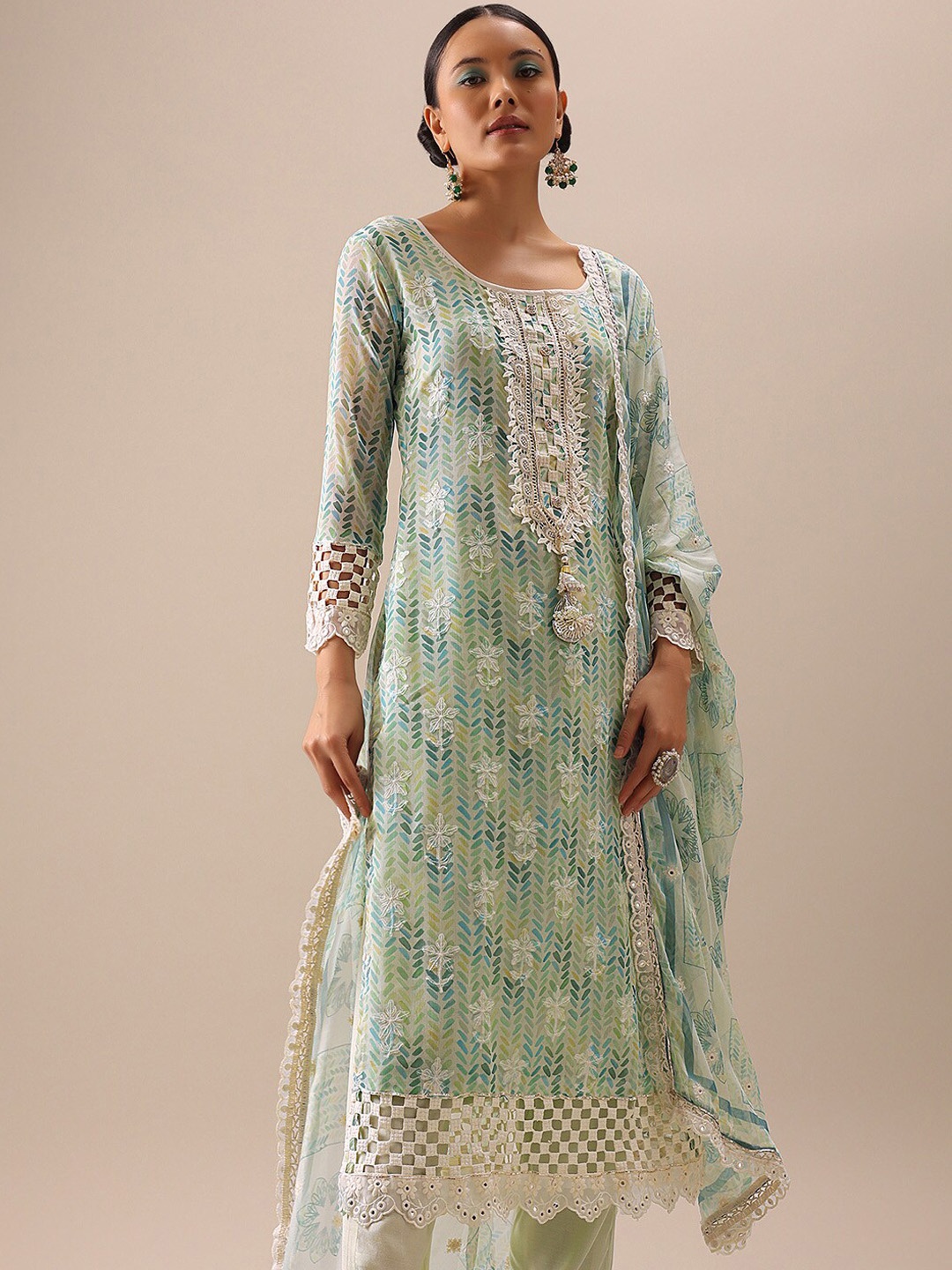 

KALKI Fashion Abtract Printed Regular Thread Work Straight Kurta & Trousers With Dupatta, Green