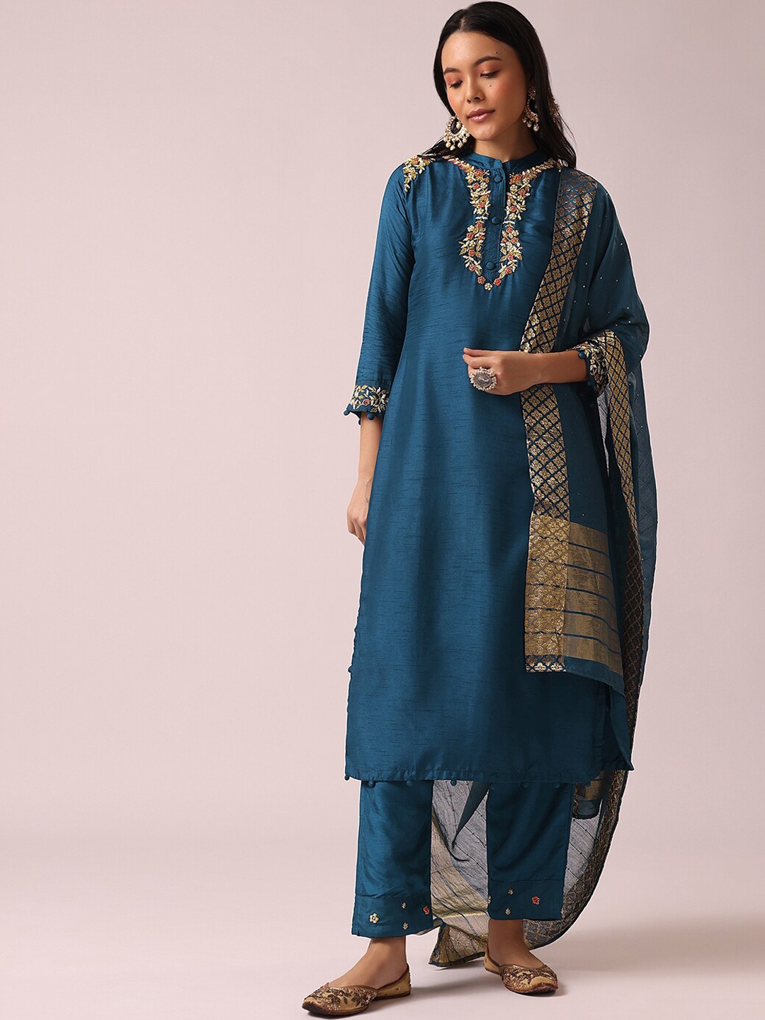 

KALKI Fashion Ethnic Motifs Embroidered Aari Work Kurta With Trousers & Dupatta, Blue