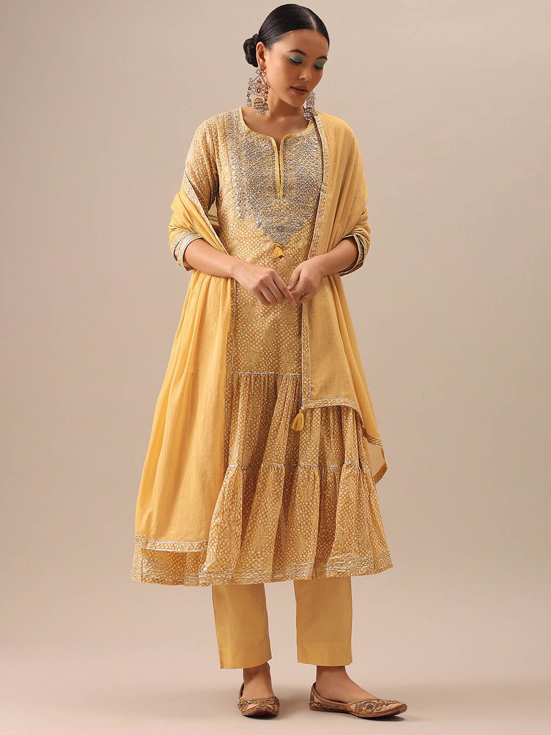 

KALKI Fashion Bandhani Printed Regular Thread Work Kurta With Trousers & Dupatta, Yellow
