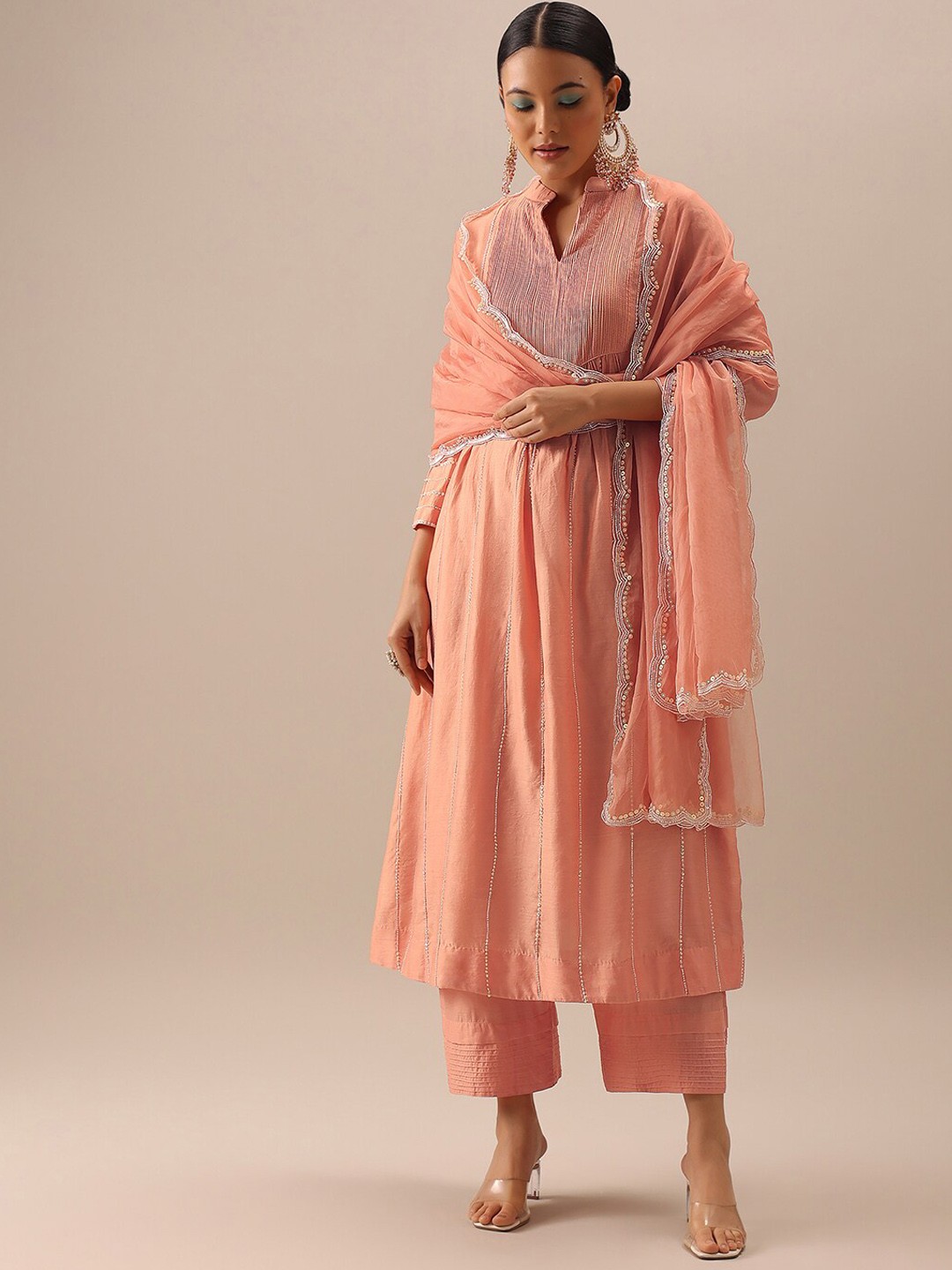 

KALKI Fashion Striped Embroidered Empire Beads and Stones Kurta With Palazzos & Dupatta, Peach