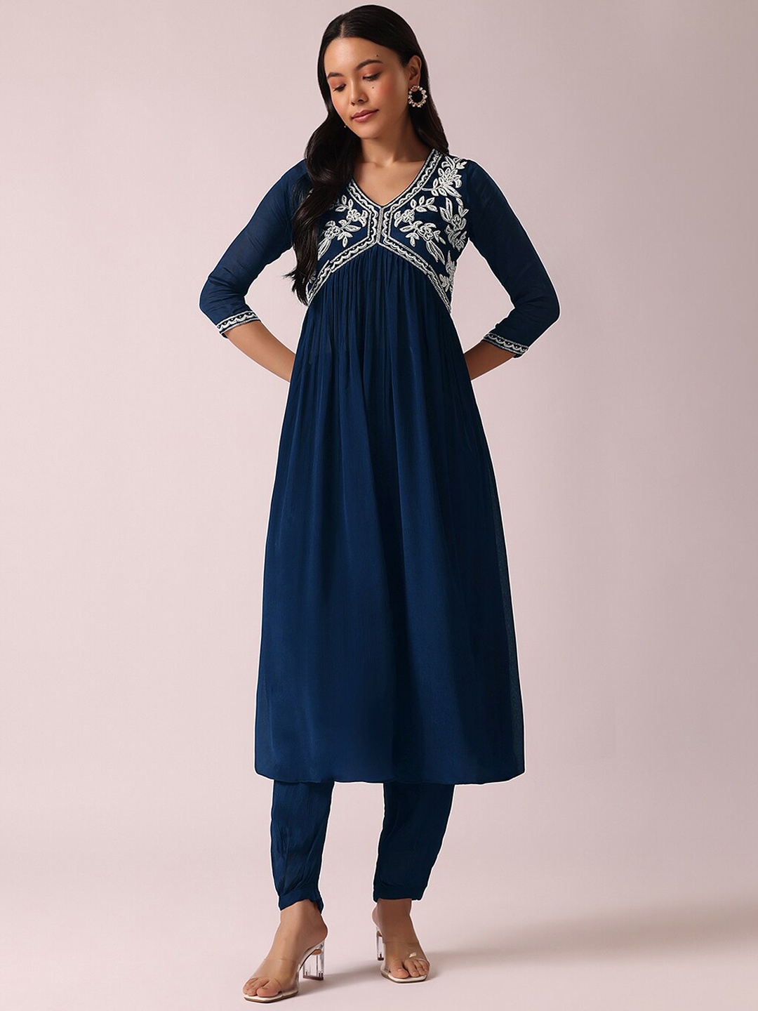 

KALKI Fashion Floral Embroidered Empire Thread Work Kurta With Trousers, Blue