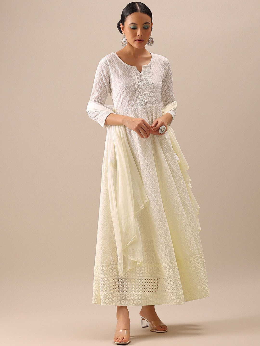 

KALKI Fashion Chikankari Embroidered Anarkali Ethnic Dress With Dupatta, White