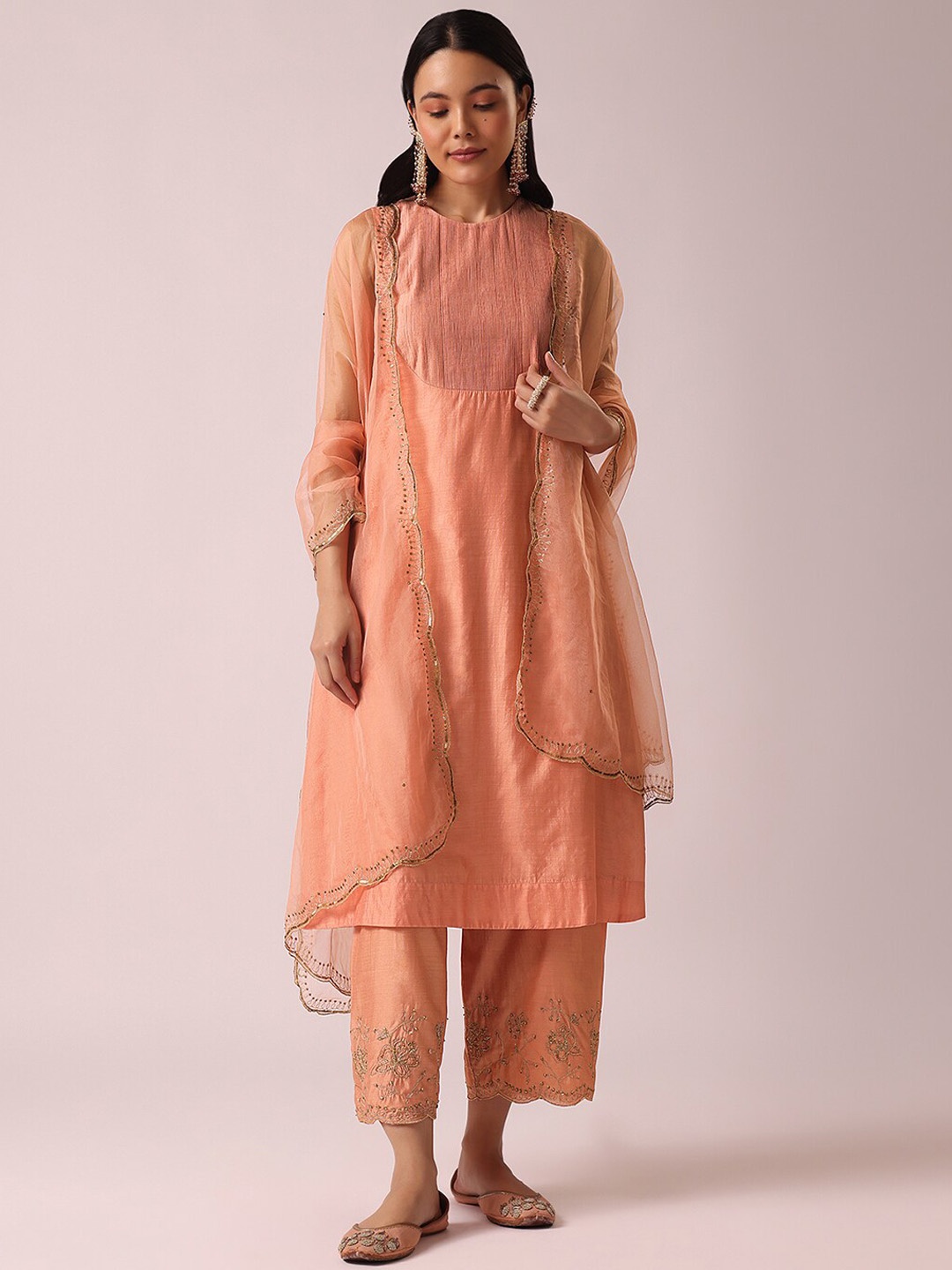 

KALKI Fashion Regular Beads and Stones Kurta With Trousers & Dupatta, Peach