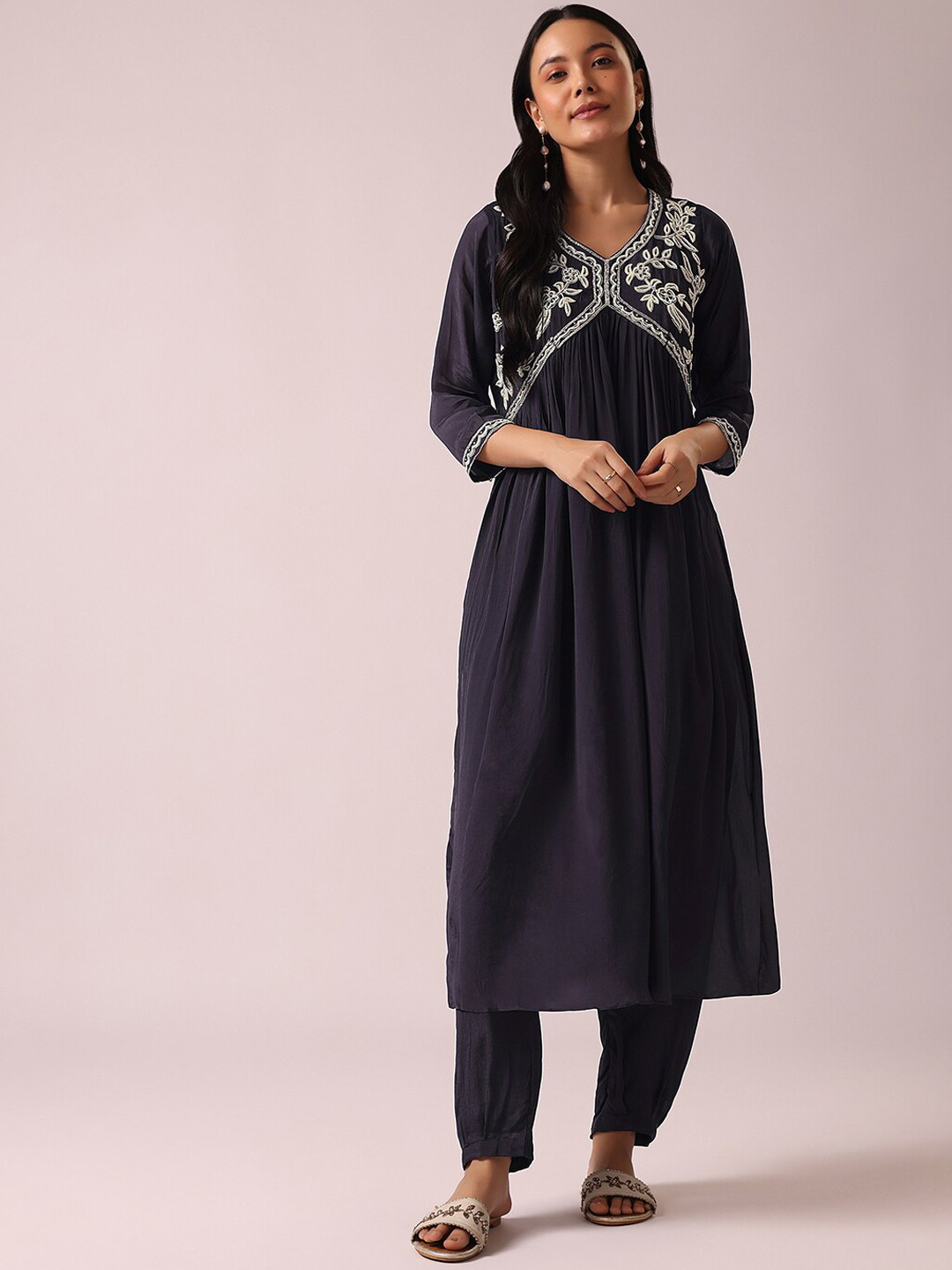 

KALKI Fashion Floral Yoke Design Empire Anarkali Kurta with Trousers, Grey