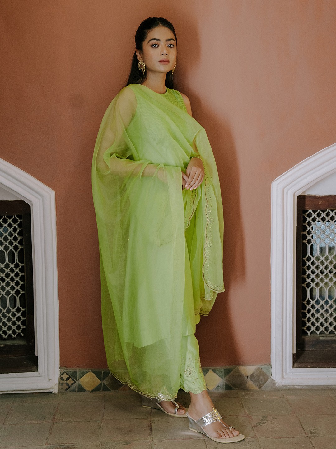 

KALKI Fashion Pintuck Anarkali Thread Work Kurta with Palazzos & With Organza Dupatta, Green