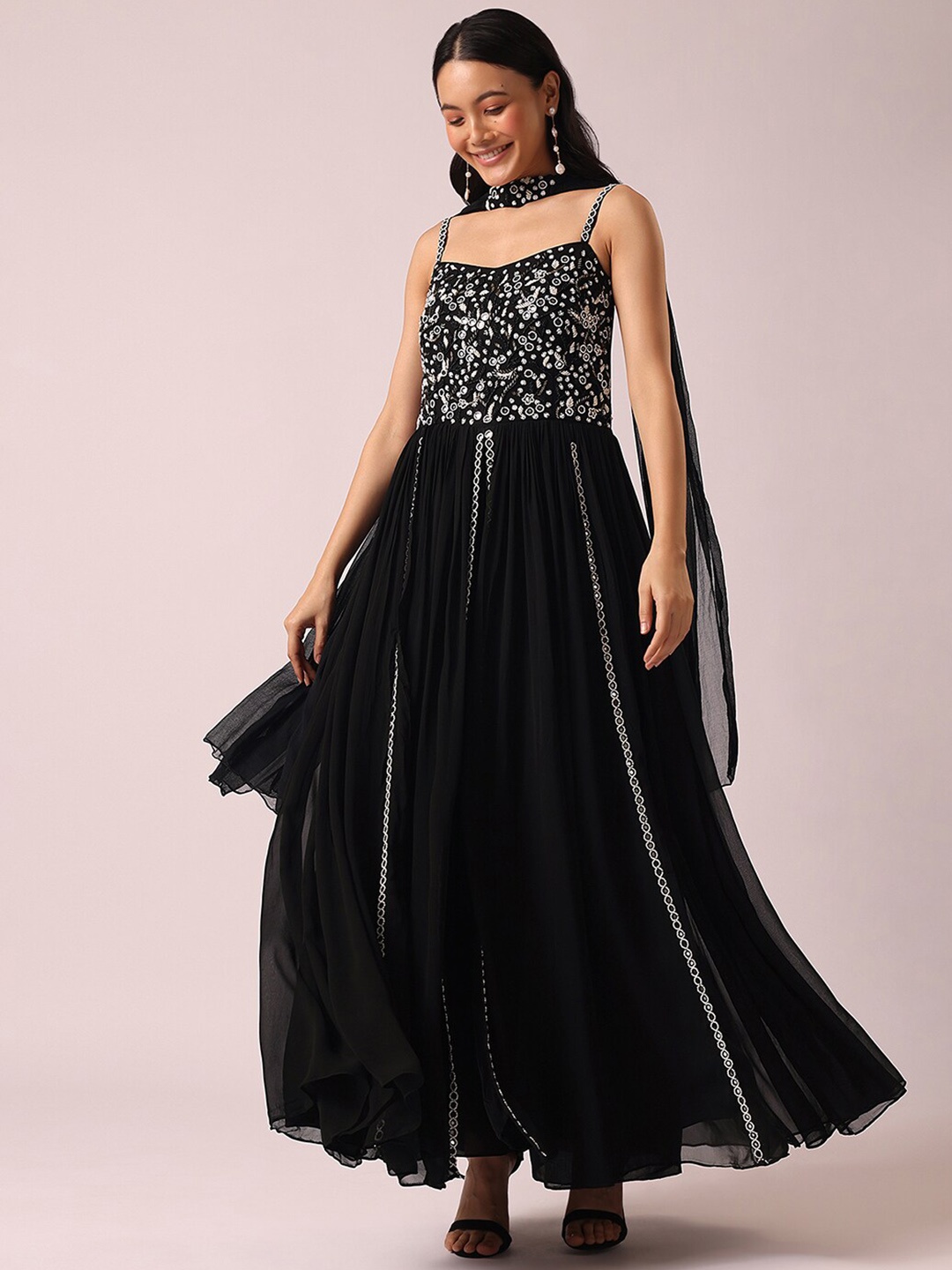 

KALKI Fashion Ethnic Motifs Yoke Design Mirror Work Anarkali Kurta with Trousers & Dupatta, Black