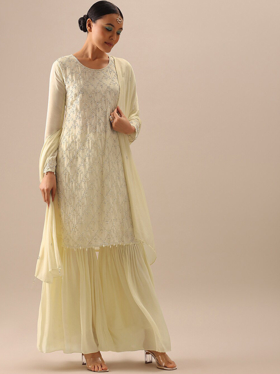 

KALKI Fashion Floral Embroidered Kurta with Sharara & With Dupatta, White