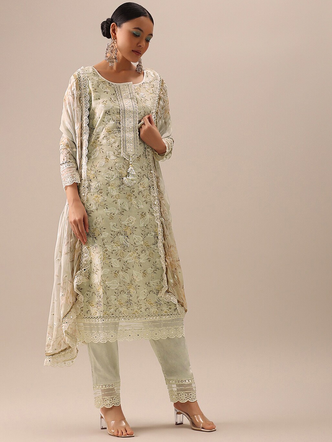 

KALKI Fashion Floral Printed Mirror Work Kurta with Trousers & With Dupatta, Green