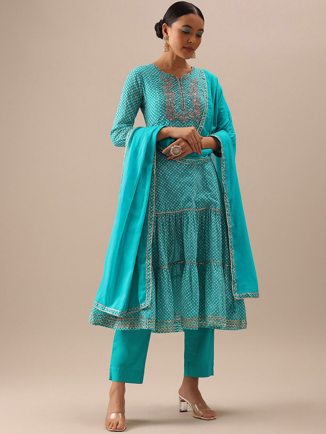 

KALKI Fashion Bandhani Printed Tiered Gotta Patti Anakrali Kurta with Trousers & Dupatta, Blue