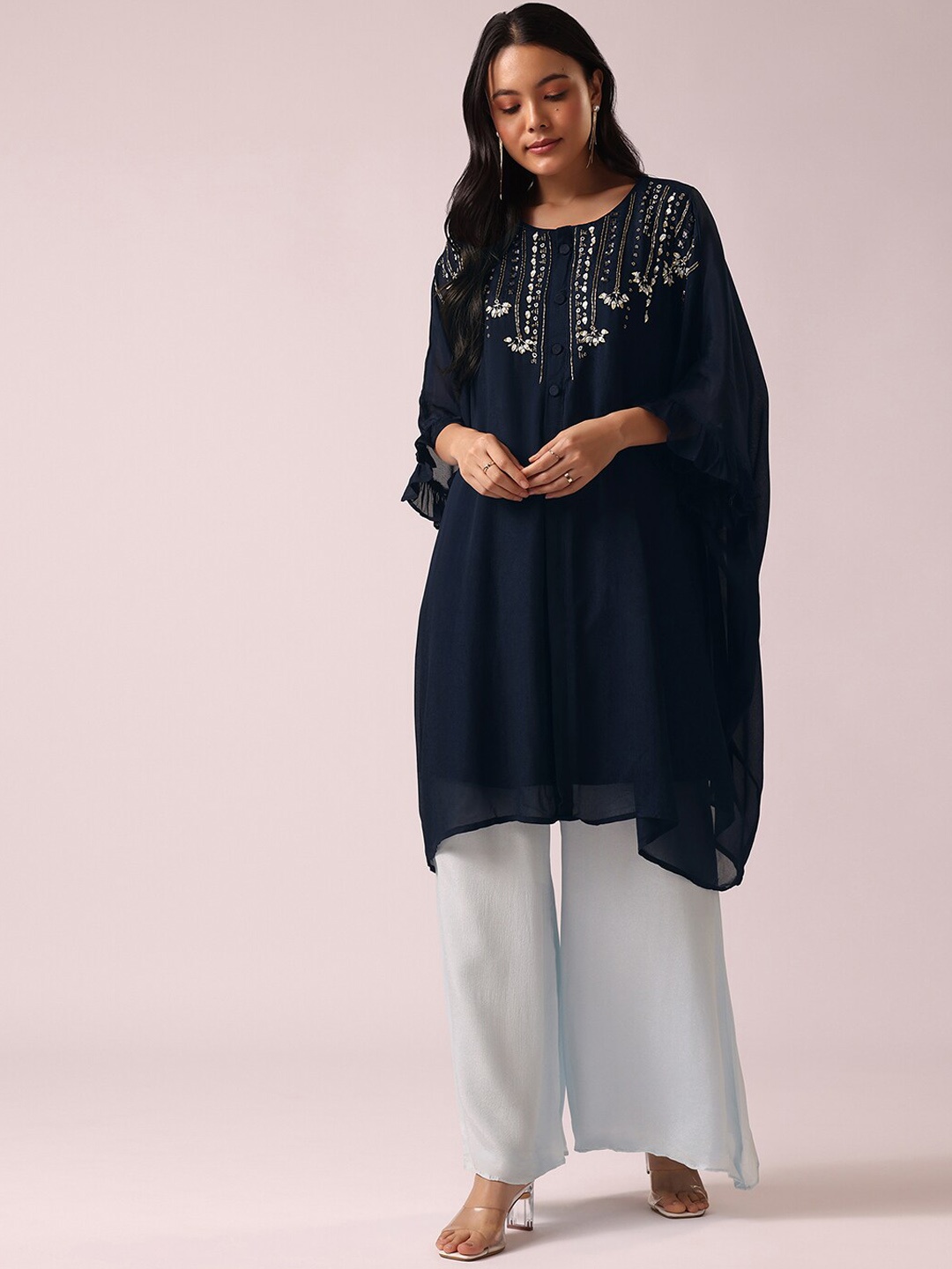 KALKI Fashion Floral Yoke Design Sequinned Kaftan Kurta with Palazzos, Blue