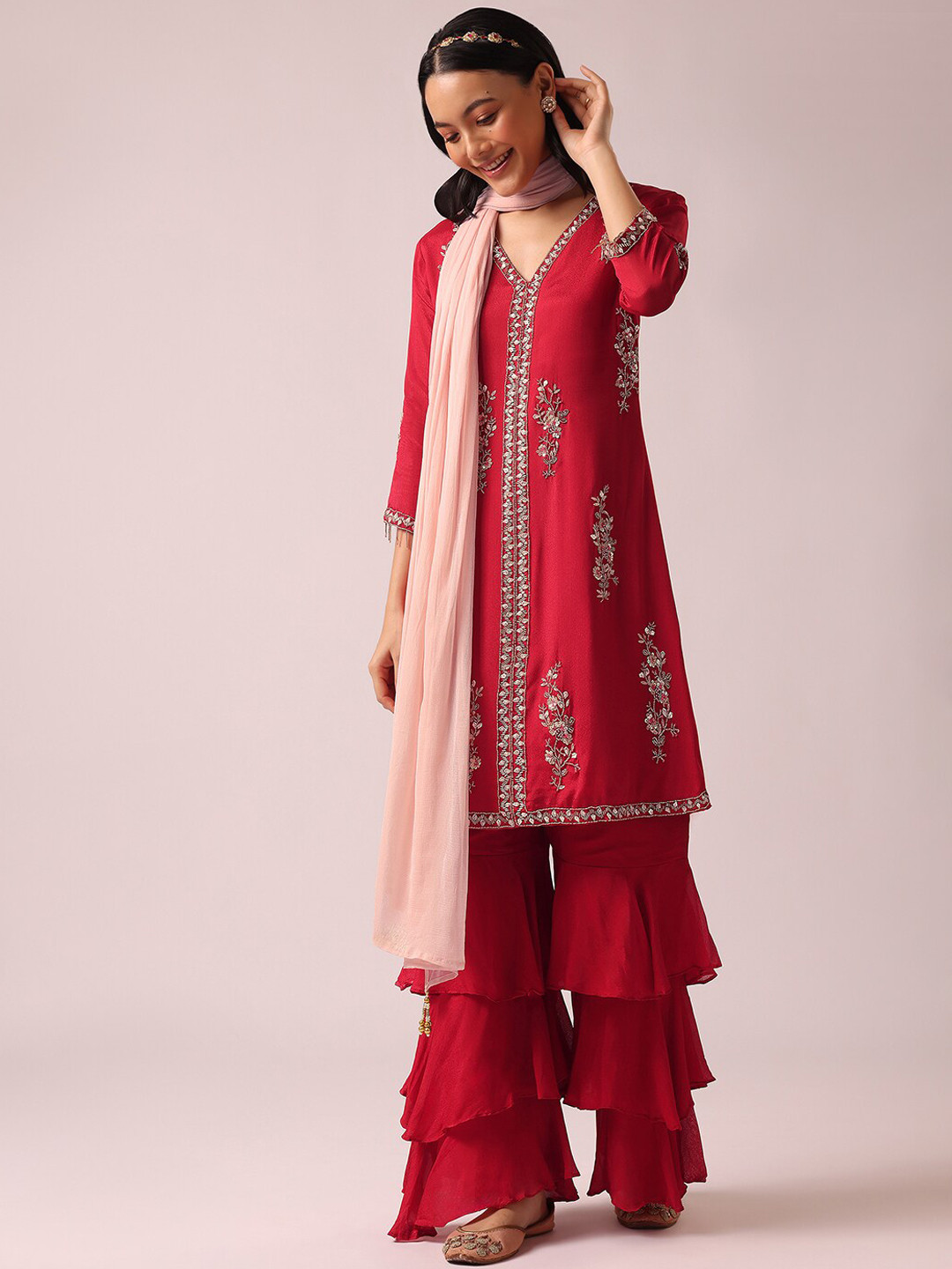 

KALKI Fashion Ethnic Motifs Embroidered Aari Work Kurta & Sharara With Dupatta, Red