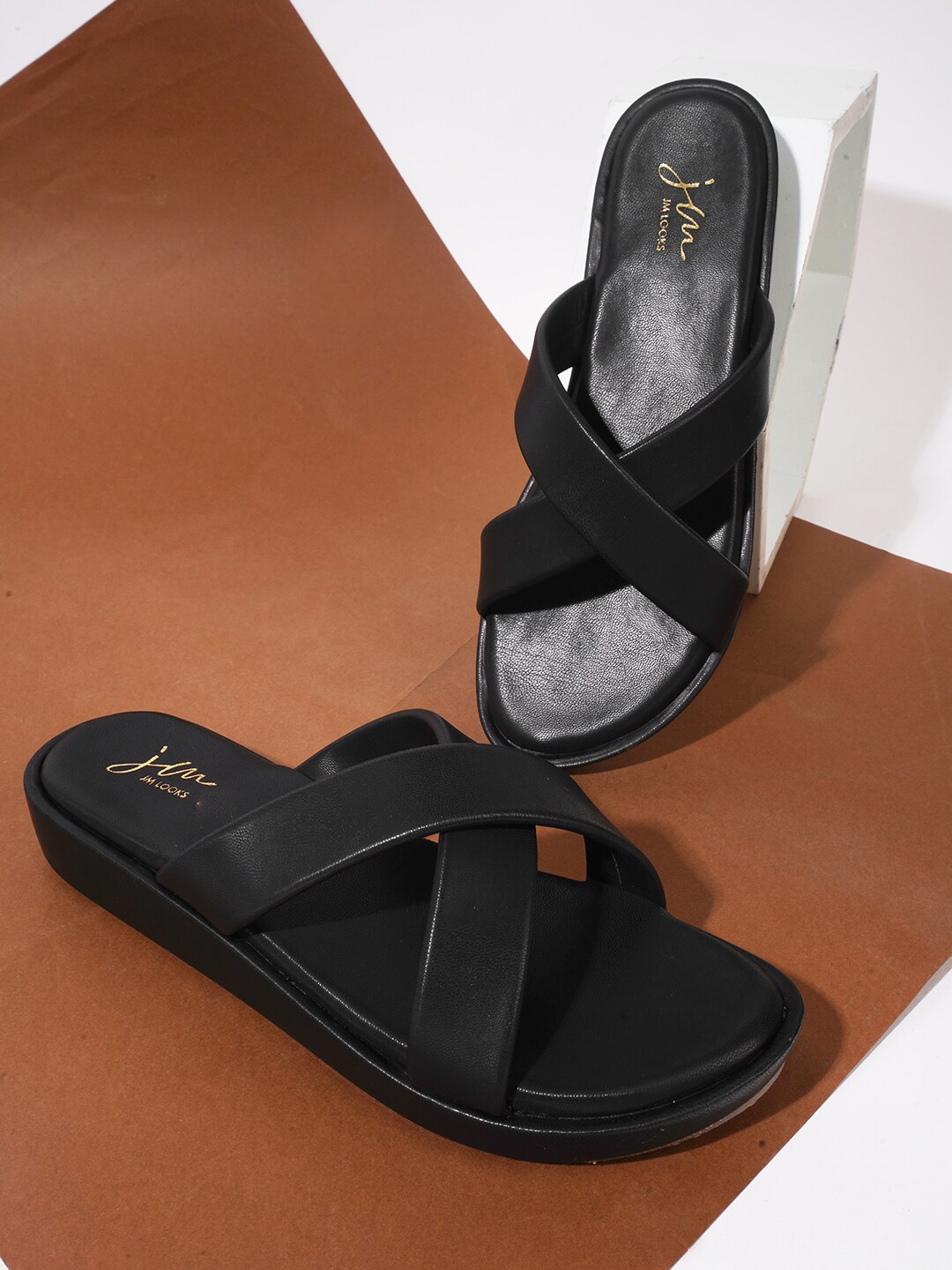 

JM Looks Textured Cross Strap Flatform Heels, Black
