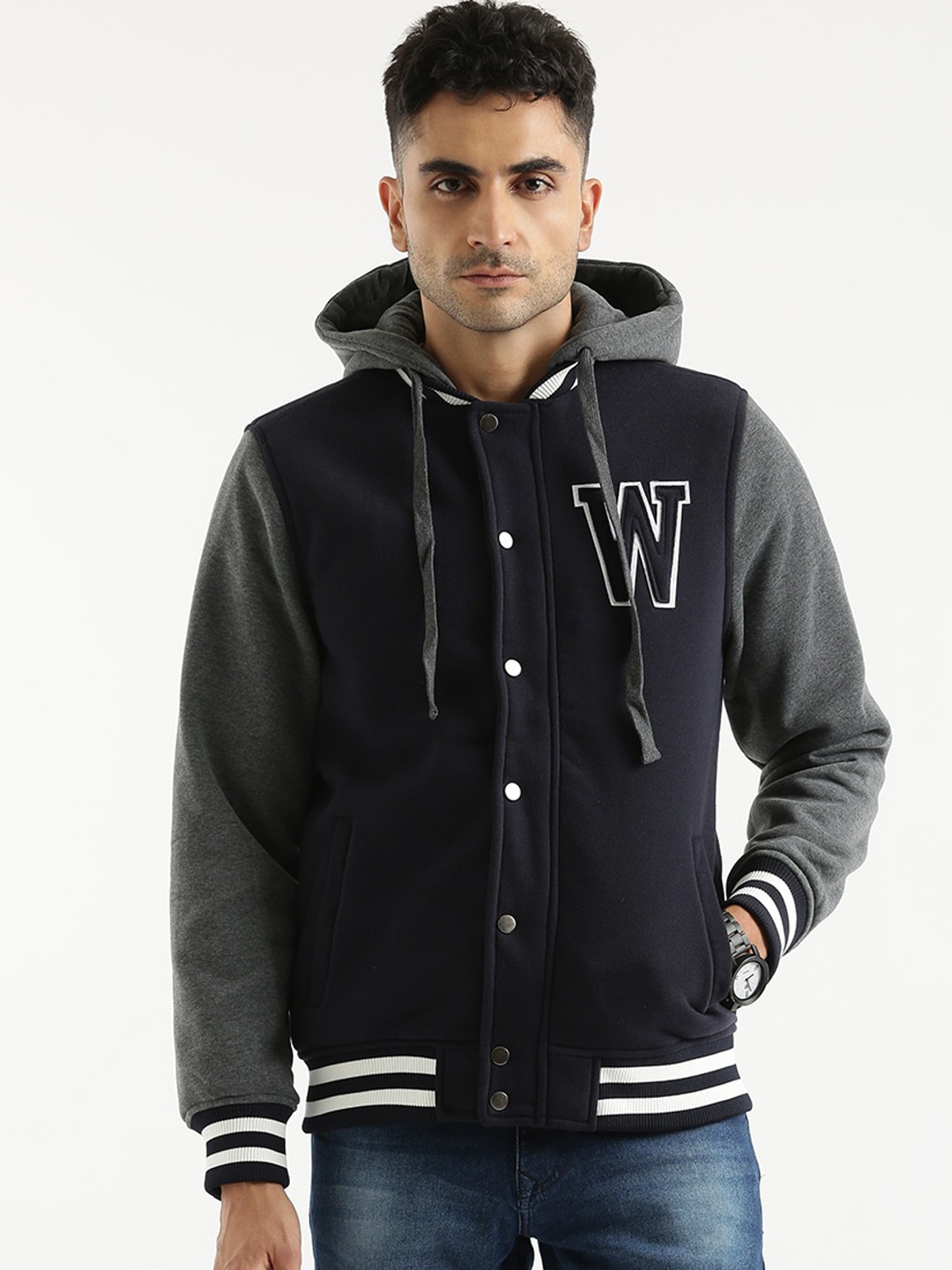 

WROGN Typography Printed Hooded Cotton Varsity Jacket, Blue