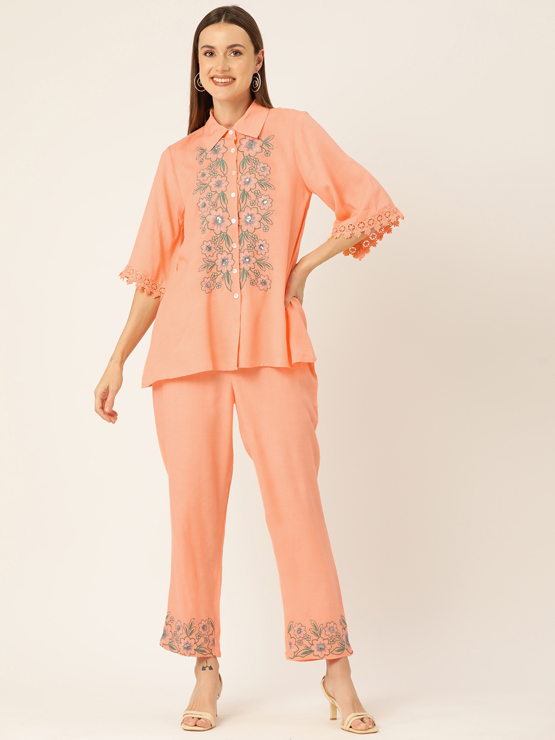 

MISRI Women Floral Embroidered Tunic with Trousers, Peach