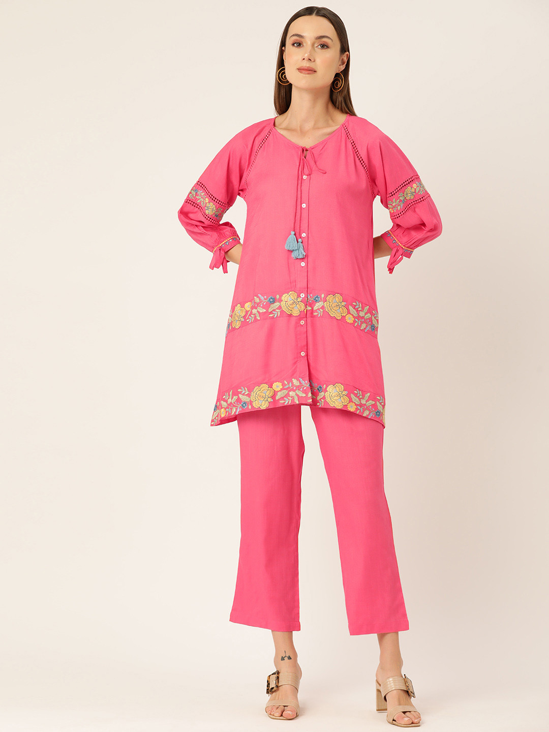 

MISRI Women Floral Embroidered Tunic with Palazzos, Pink