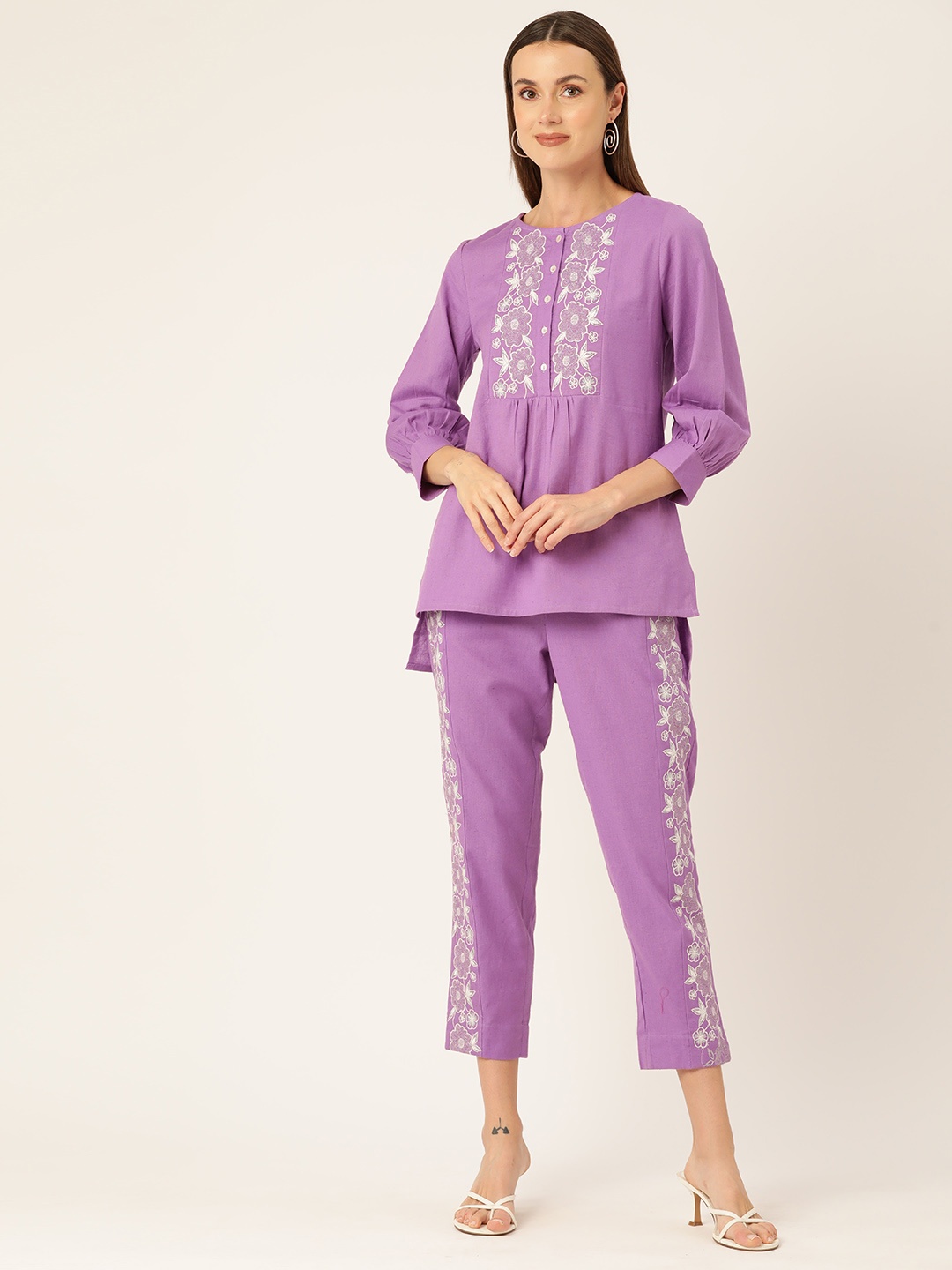 

MISRI Women Floral Embroidered Cotton Tunic with Palazzos, Lavender